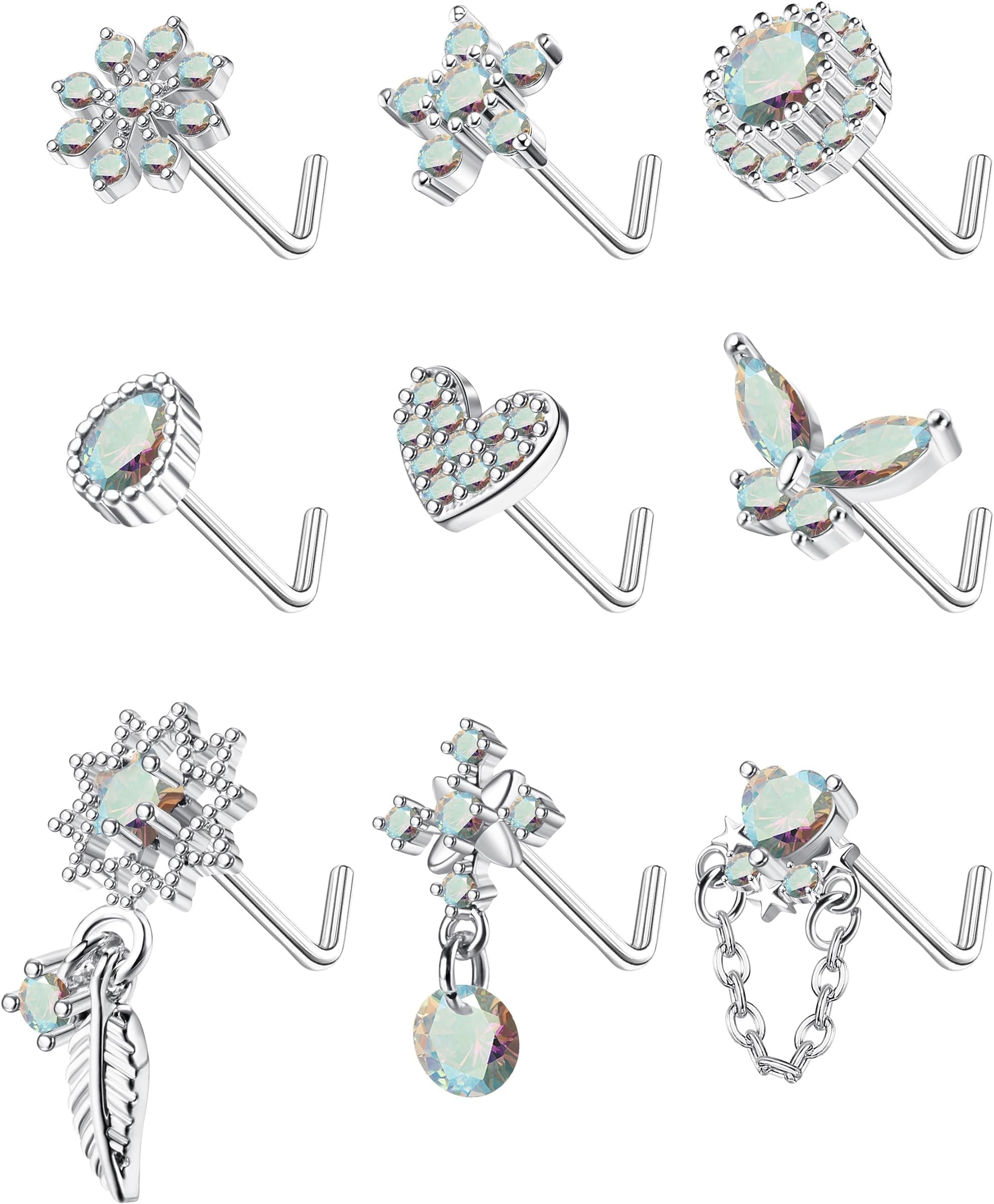 Kakonia 9Pcs Nose Studs Rings 20G Surgical Stainless Steel L Shaped Nose Rings for Women Cute Dangle Butterfly Heart Star Feather Flower CZ Nostril Piercing Jewellery