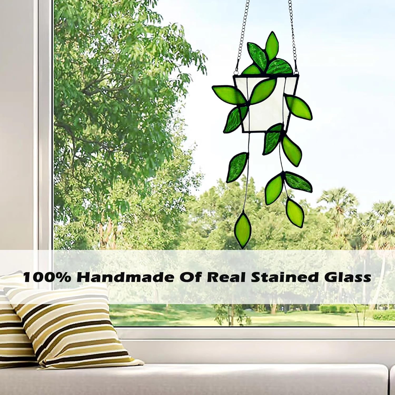 Plant Stained Glass,Stained Glass Window Hanging,Real Handmade Suncatcher,Artificial Green Plants Decor Gift for Women Mom Grandma Plant Lovers,Sun Catcher for Home Windows (Green) - Image 3
