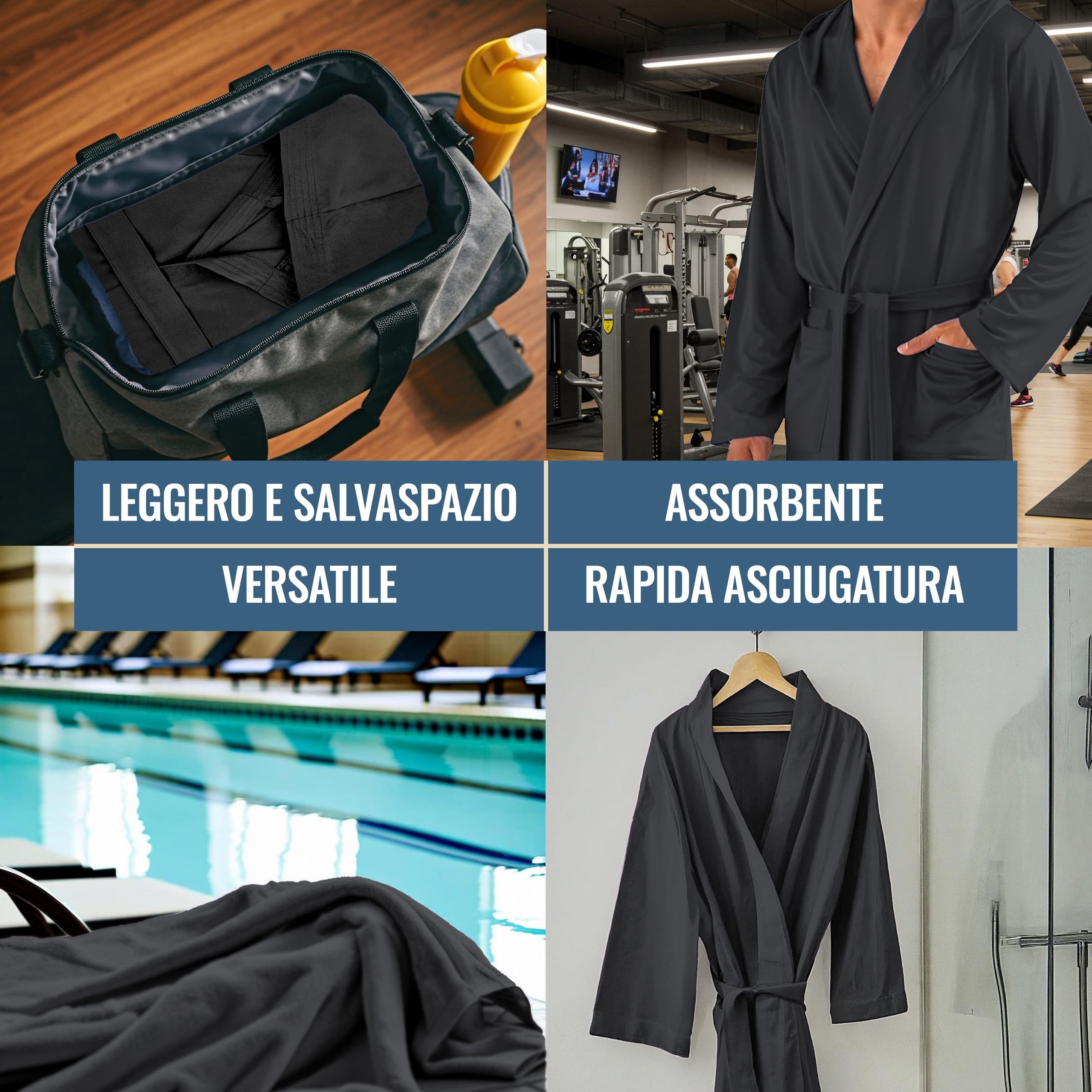 Dorian Home - Accappatoio Uomo e Donna in Microfibra Anallergico, Morbido, Leggero, Salvaspazio, Assorbente a Rapida Asciugatura con Cappuccio, Tasche, Cintura a Passanti e Gancio, Lavabile (no Stiro)