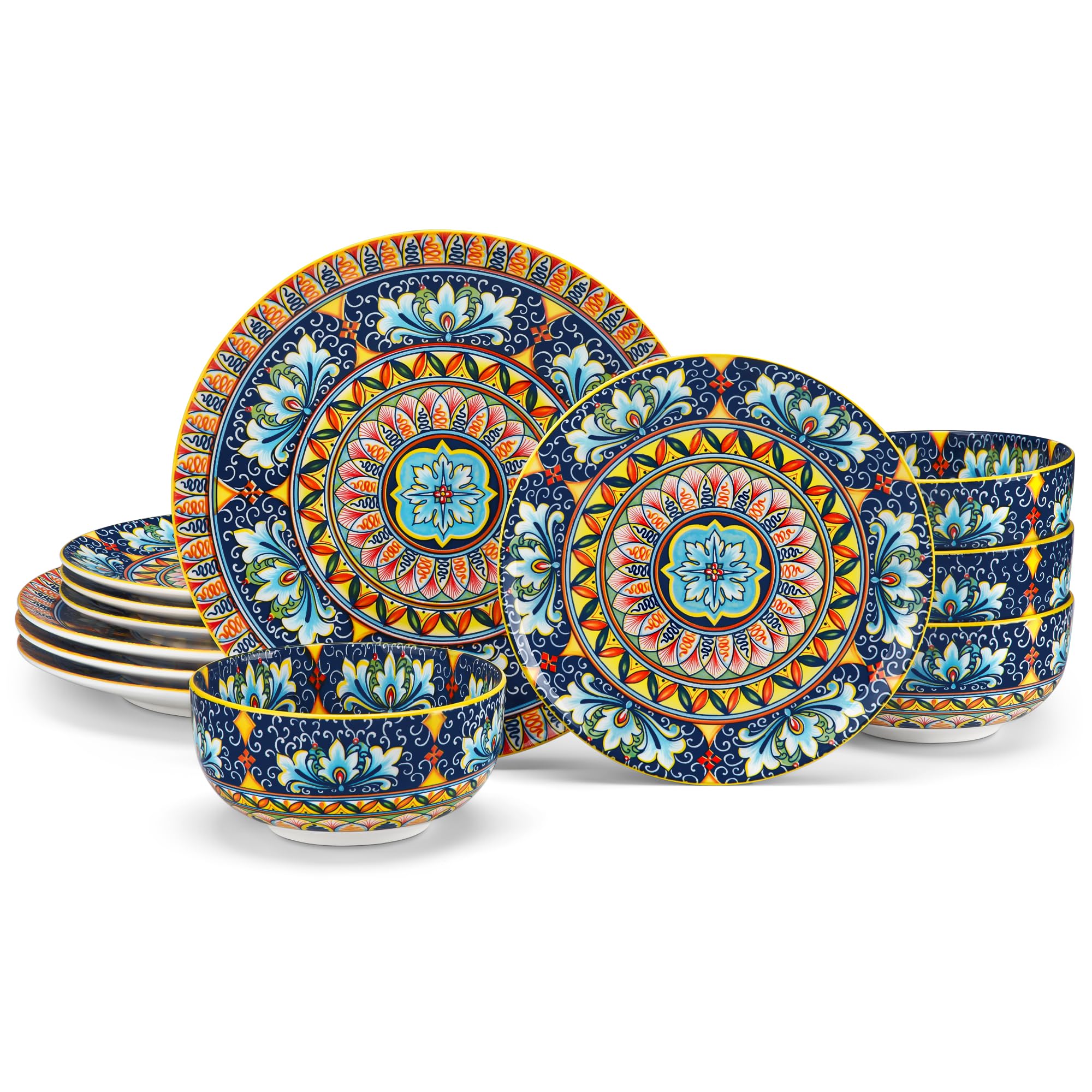 vancasso12 Pieces Dinnerware Sets, Yellow Plates and Bowls Set, Porcelain Dishes Set for 4, Microwave and Dishwasher Safe, Scratch Resistant, Bohemian Style Dining Ware Service for 4, Series SIMI