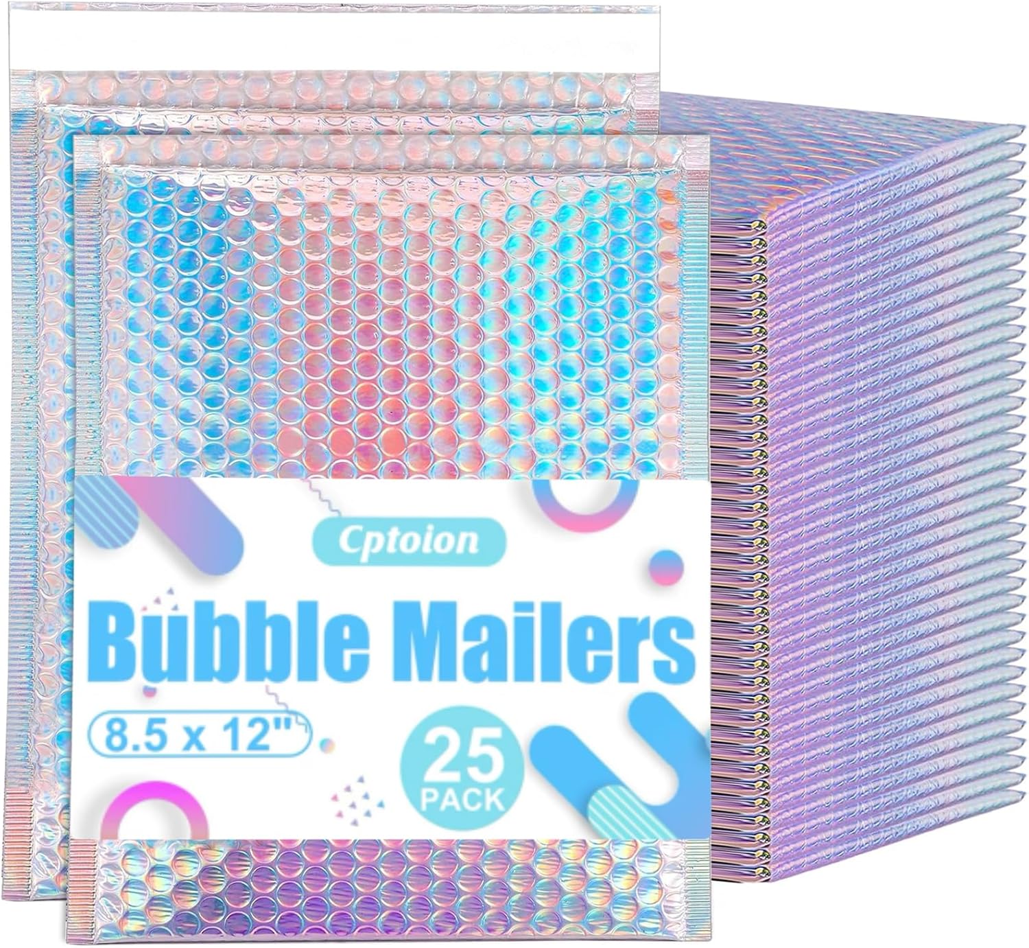 25 Pack Holographic Bubble Mailers 8 x 11 Inch, Self Seal Protective Padded Envelopes, Waterproof & Durable Shipping Bags, Cushioned for Safe Mailing, Silver Foil Peel & Seal