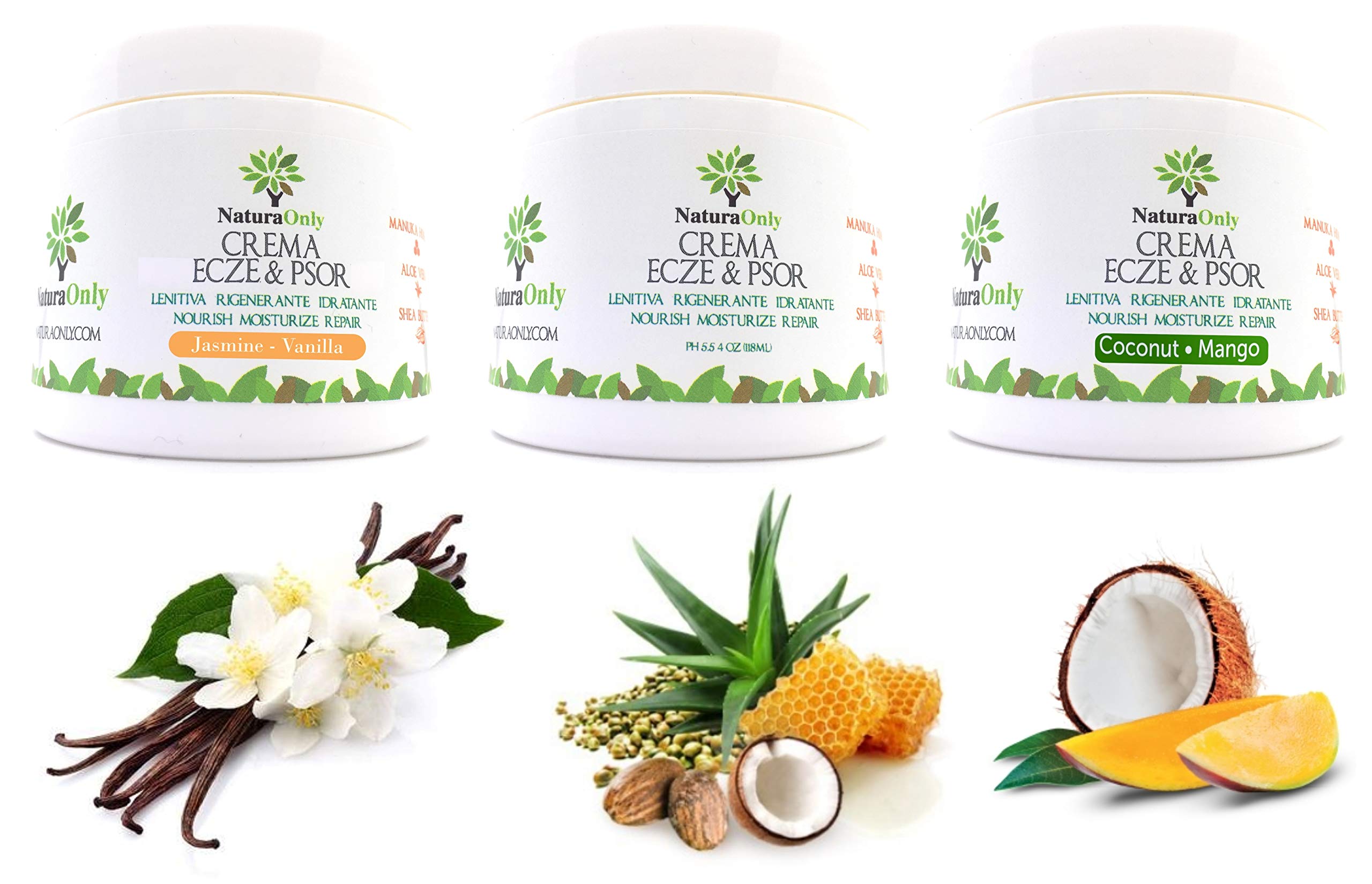 Set Creme Ecze & Psor con 2 fragancias – 3 cremas naturales e intensivas con miel de Manuka, Aloe Vera, manteca de karité, aceite de coco. Tratamiento para piel seca, picazón, enrojecida y escamosa.