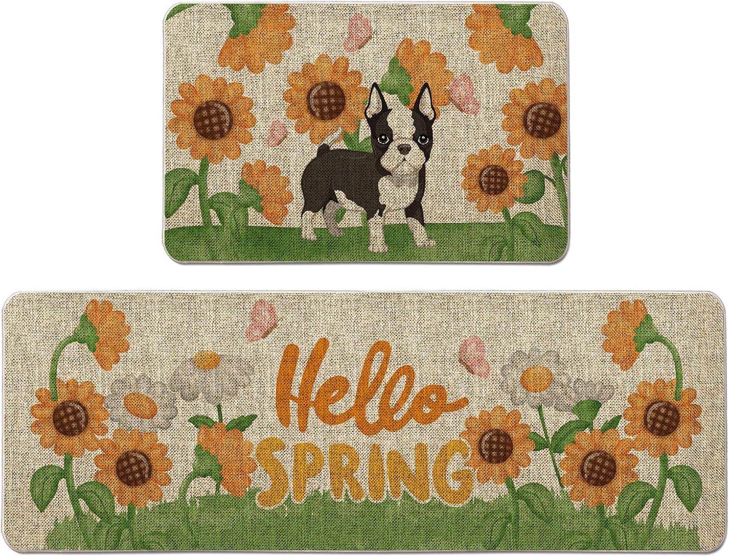 Spring Kitchen Mats Boston Terrier Kitchen Rugs Set of 2, Hello Spring Decorative Farmhouse Floor Mats for Home Kitchen Dining Room Decorations - 17x27 and 17x47 Inch