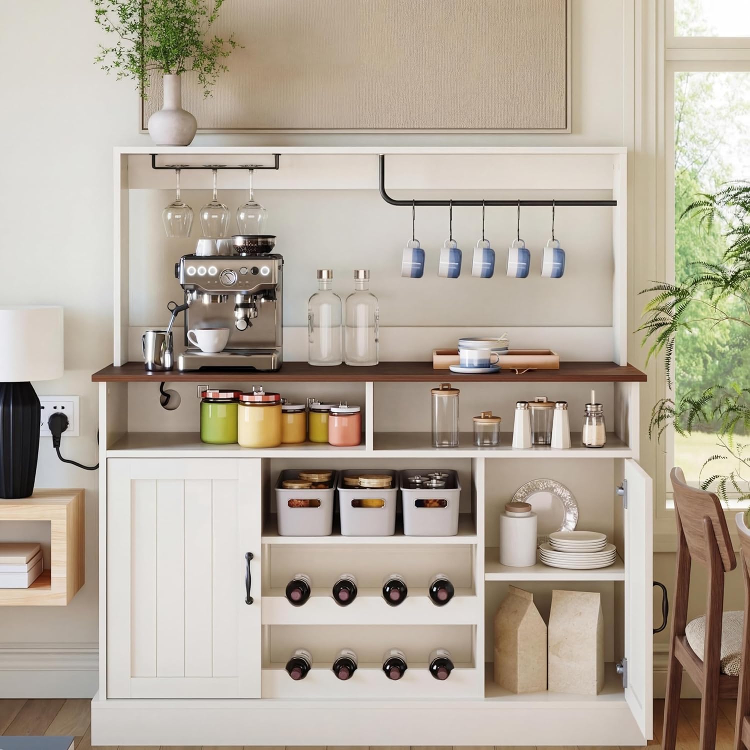 47" Farmhouse Coffee Bar Cabinet with Storage, Buffet Cabinet with Goblet Holder, 5Hooks, Power Outlets, Sideboard Cabinet Coffee Bar Table with Adjustable Shelves for Kitchen & Living Room, White
