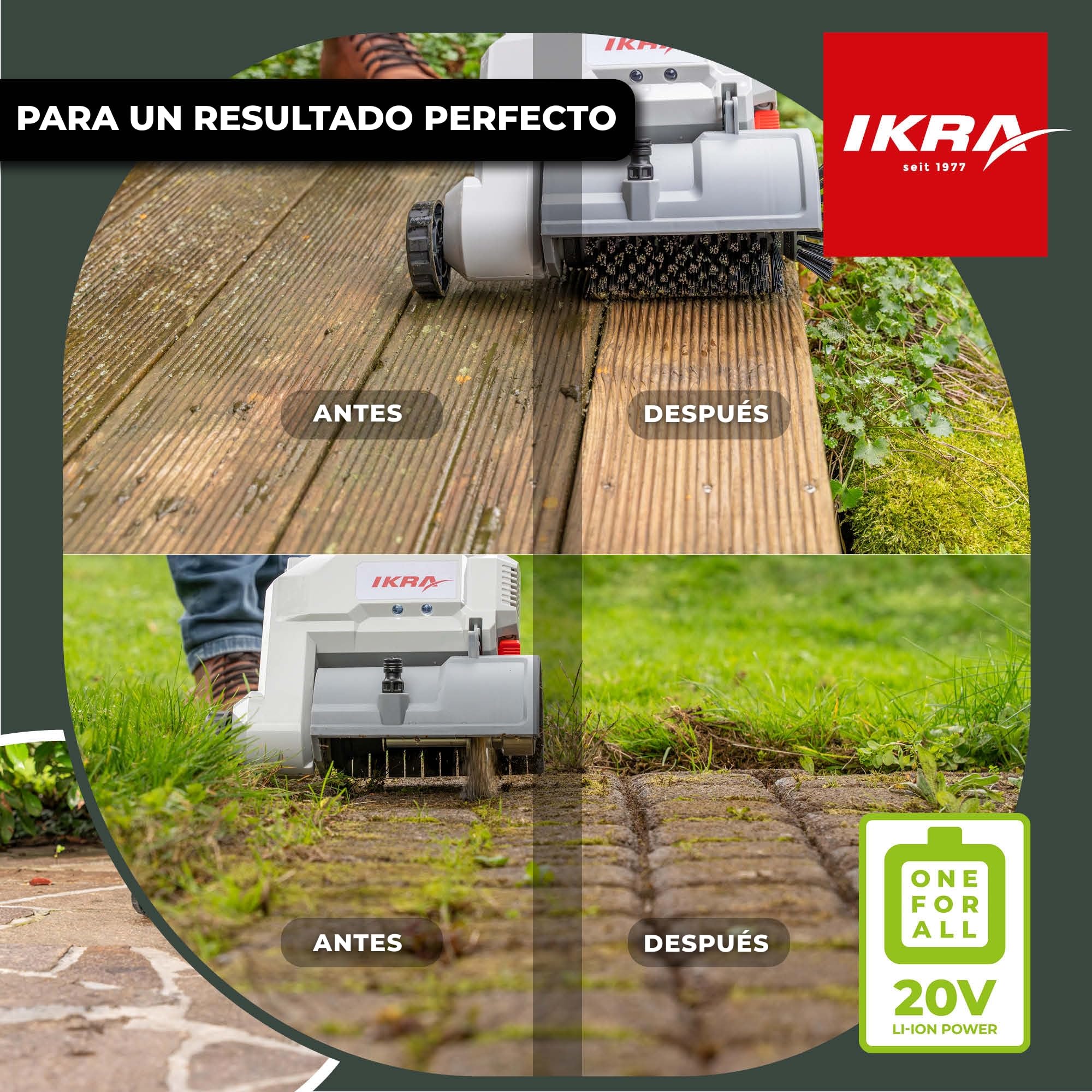 IKRA limpiador de superficies y juntas a batería Vario Brush IATR 20 | Incluye cepillo de nylon para superficies, cepillo de acero para juntas, incl. batería y cargador, gama de baterías de 20V