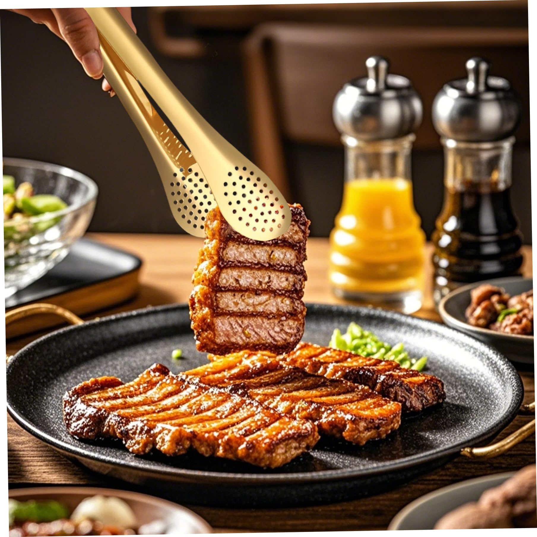 Servierzange 4pcs Hitzebeständiges poliertes goldenes Edelstahlzangen mit Löchern für Sald, Brot, Buffet, Kochen