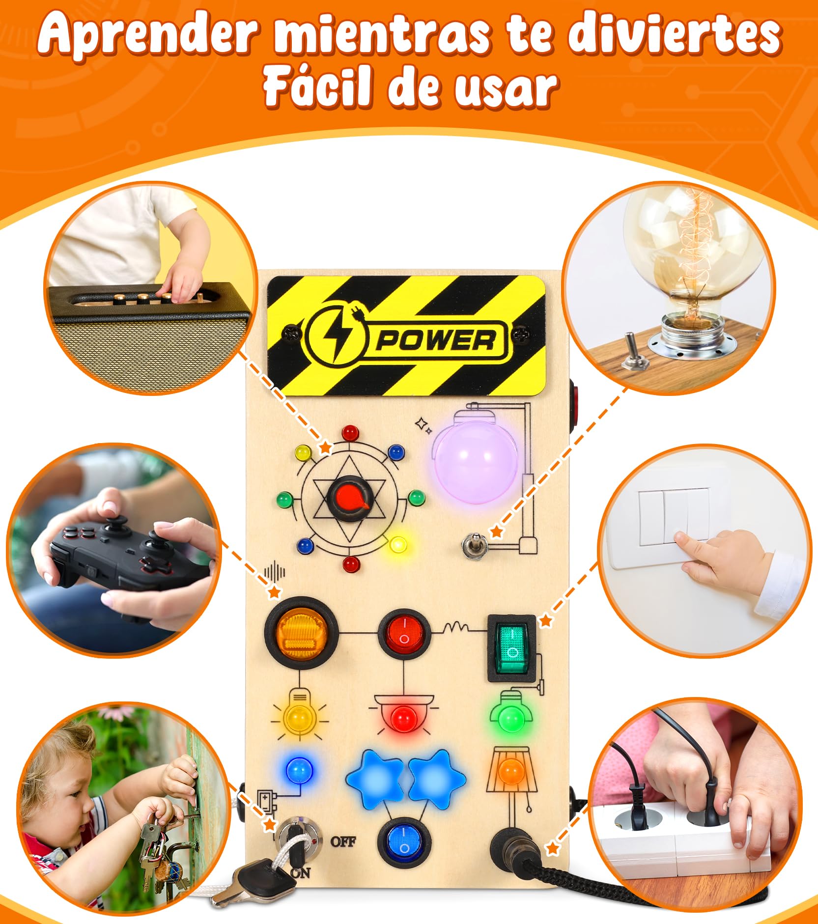 Motessori Busy Board de Actividad Sensorial 1 Año+ con 16 Luces LED y 9 ​​Interruptores, Juguete Educativo Montessori de Madera para Niños y Niñas de 1 a 7 Años, Juguete Educativo de Viaje