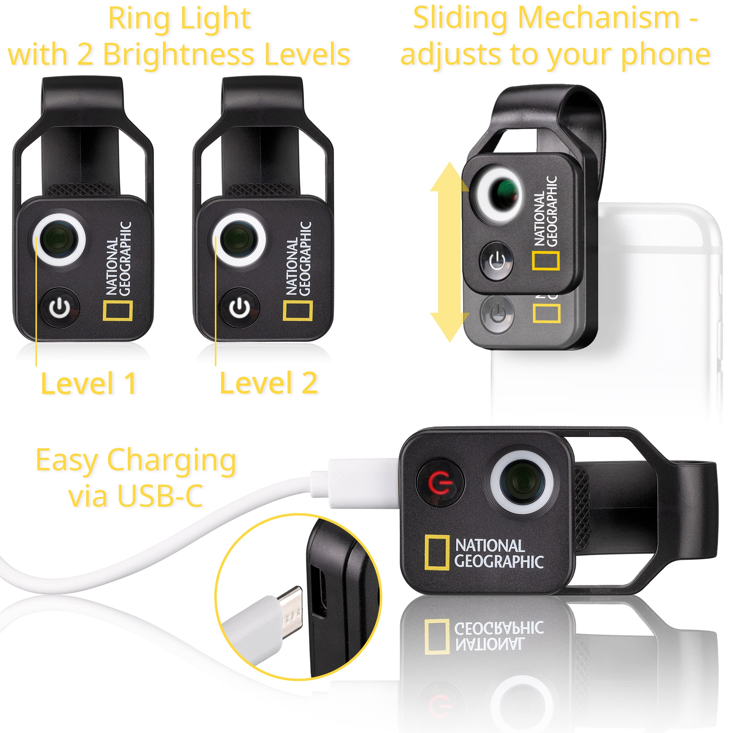 National Geographic 9118500 Microscope de téléphone Portable 200x avec CPL, 2 Modes de luminosité et Clip Universel, Compatible avec 98% des téléphones Mobiles, sans Application supplémentaire
