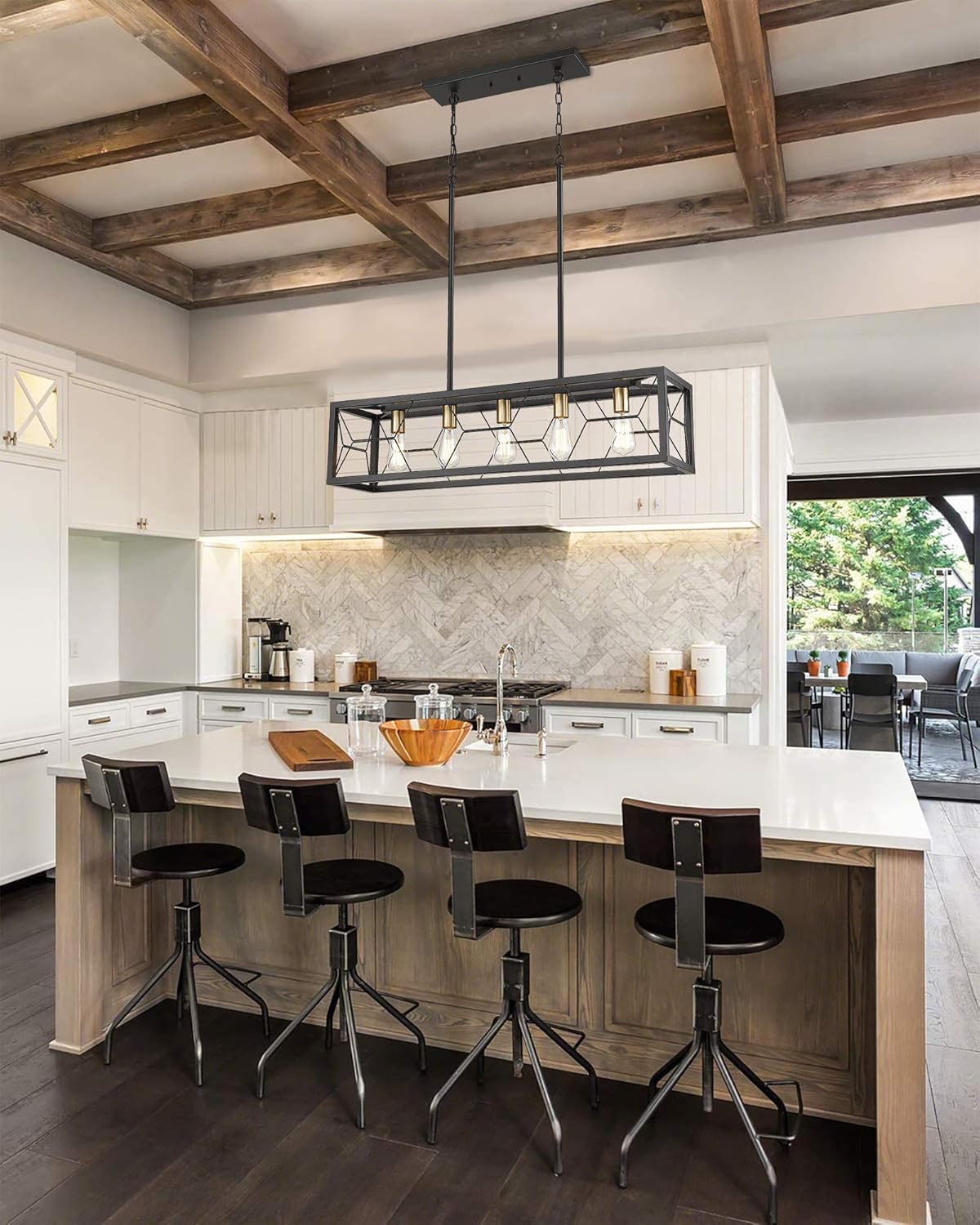 EAPUDUN Dining Room Light Fixtures Over Table, 5-Light Farmhouse Chandeliers for Dining Room, Metal Matte Black Finish Vintage Rustic Linear Light Fixture for Kitchen Island Bar Office Coffee Shop