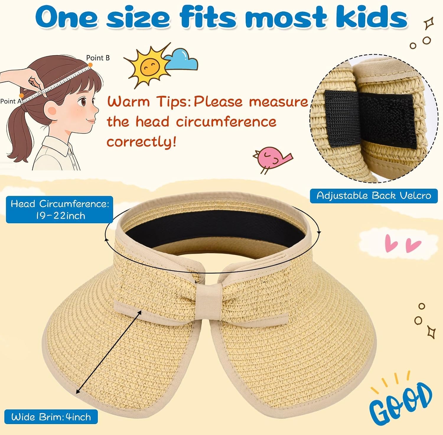 Girls Straw Sun Visor Hat, Wide Brim Ponytail Beach Hat with Bow Foldable