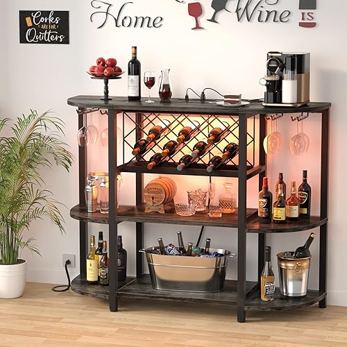 Vista 23 de Unikito Mesa de estante para vino con enchufe y luz LED, gabinete de barra de piso para licor y vasos, mesa de bar de café de madera con estante