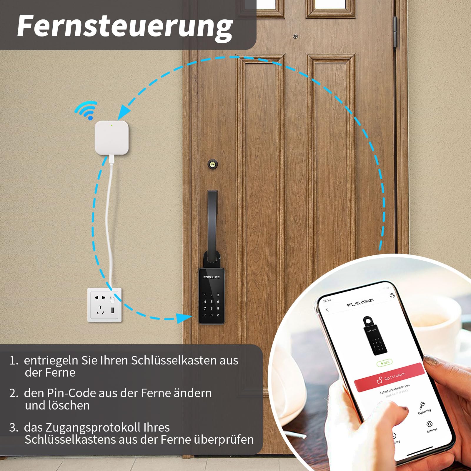 Populife WiFi-Schlüsseltresor mit Gateway, IP66 Wasserdicht, Fernsteuerung, Wandmontierung