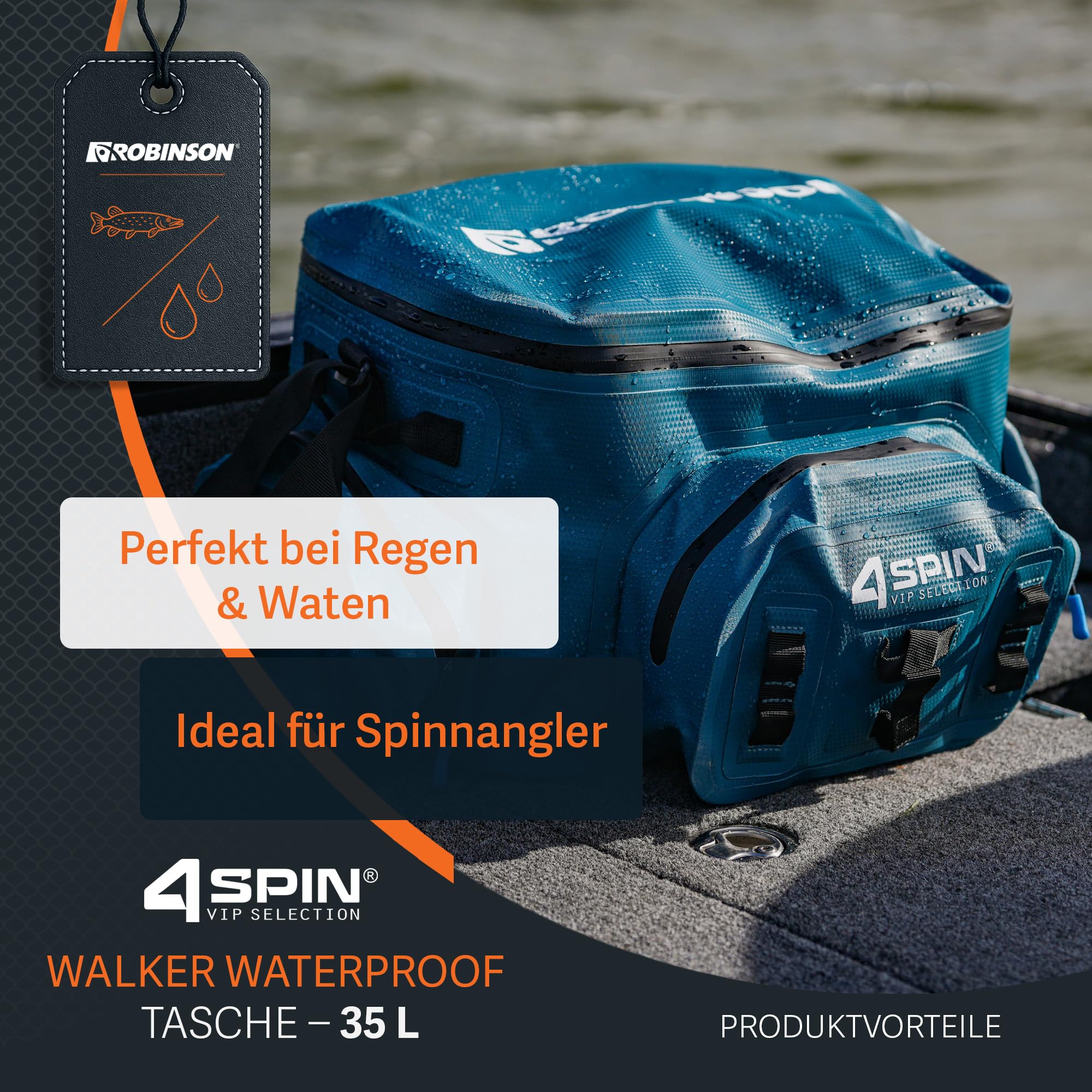 Robinson wasserdichte Angeltasche - Leichter Angelrucksack mit Rutenhalter, 100% versiegelt, viele Befestigungspunkte, robust, ideal zum Spinnfischen & Watangeln - Walker 4Spin