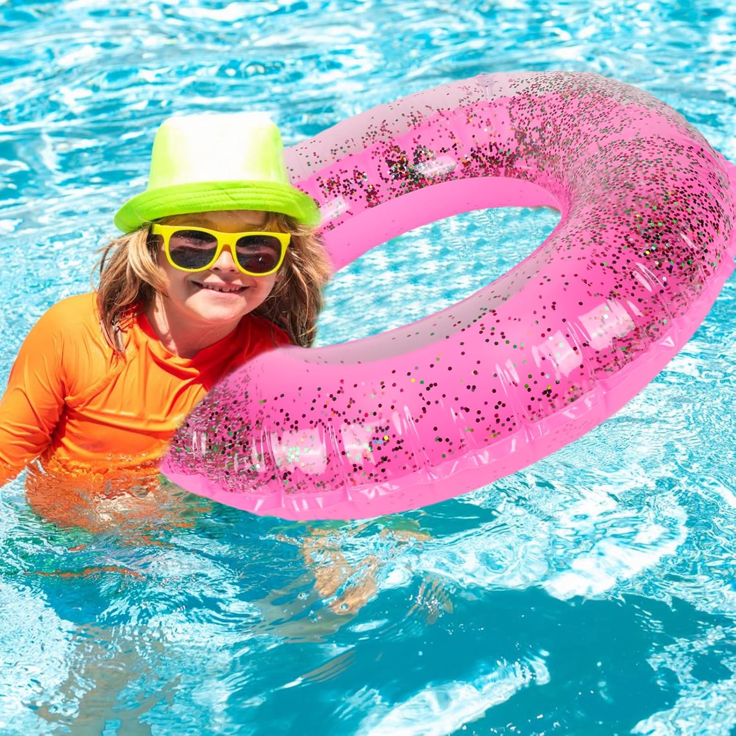 JarThenaAMCS 12Pcs Inflatable Pool Floats Swim Tubes Rings Inner Glitter Sequin Hot Pink Swimming Pool Tube Toys for Kids Teen Boys Girls Outdoor Summer Beach Water Party Favors Supplies