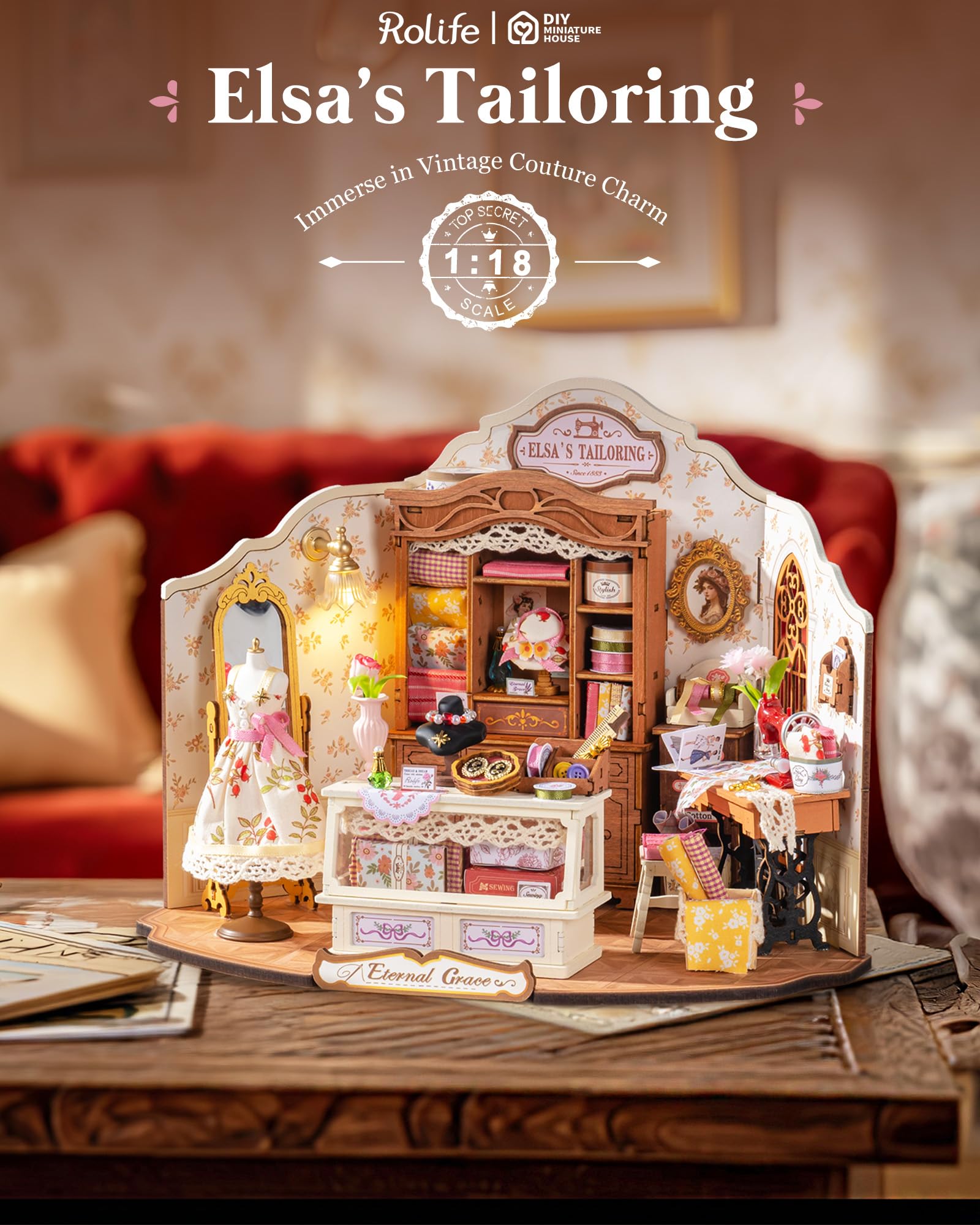 Rolife Casa delle Bambole Sartoria di Elsa Casa Miniatura Kit Modello in Legno Stile Vintage Rustico Decorazione Regalo di Compleanno per Lei