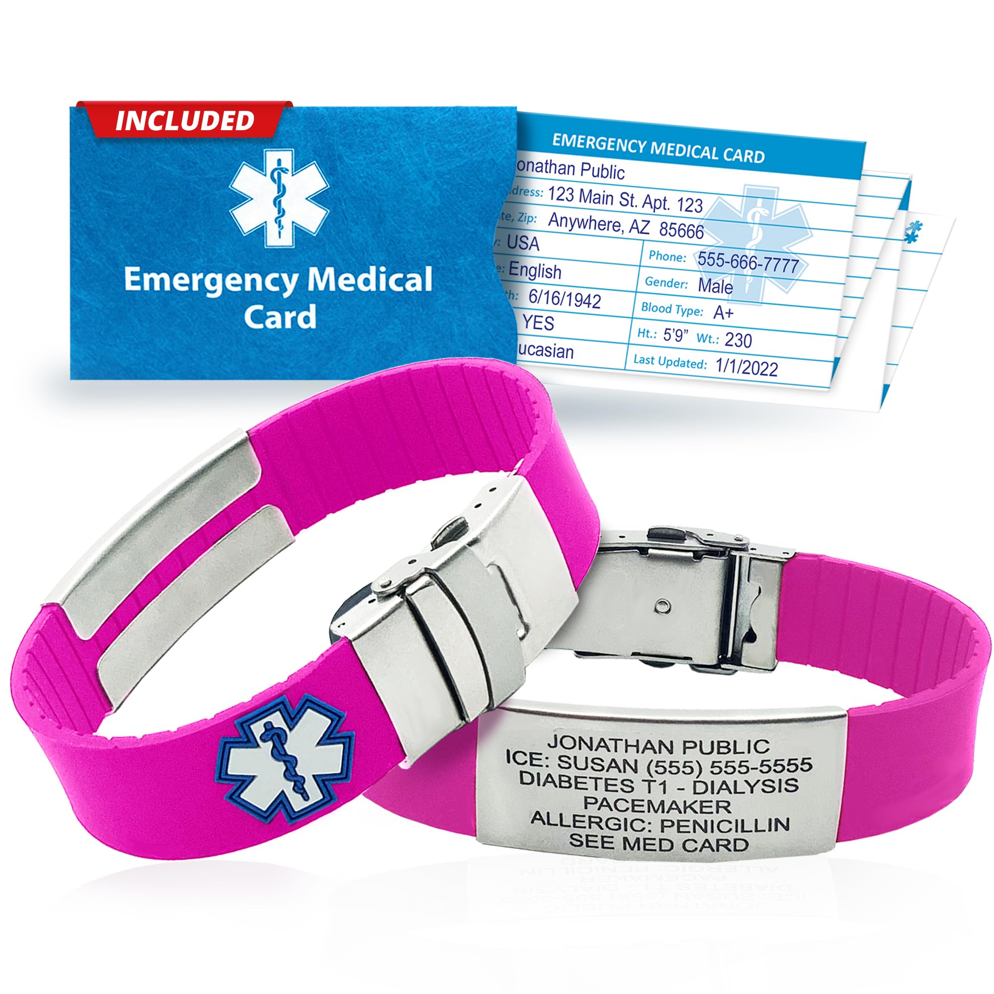 Sport Medical Alert Bracelet for Men & Women – Customizable Medical ID Bracelet with Personalized Engraving, Emergency Identification Card, Complimentary Access to PHR (Personal Health Record) - Pink