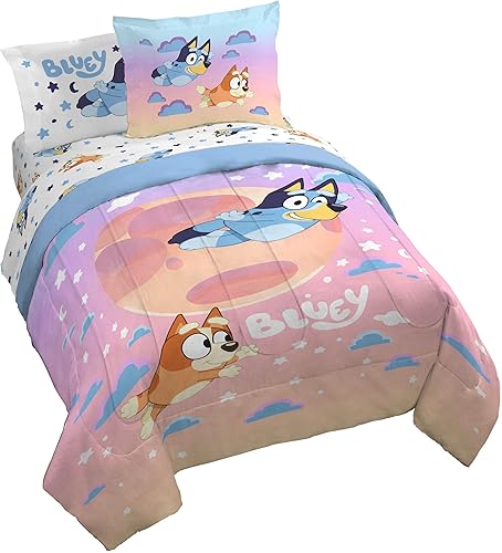 Jay Franco Bluey & Bingo Queen Comforter Set - 7 Piece Bedding Includes Sheet Set & Pillow Covers - Super Clouds & Stars Cozy Bedding - 7 Piece Queen - Multi - Bluey