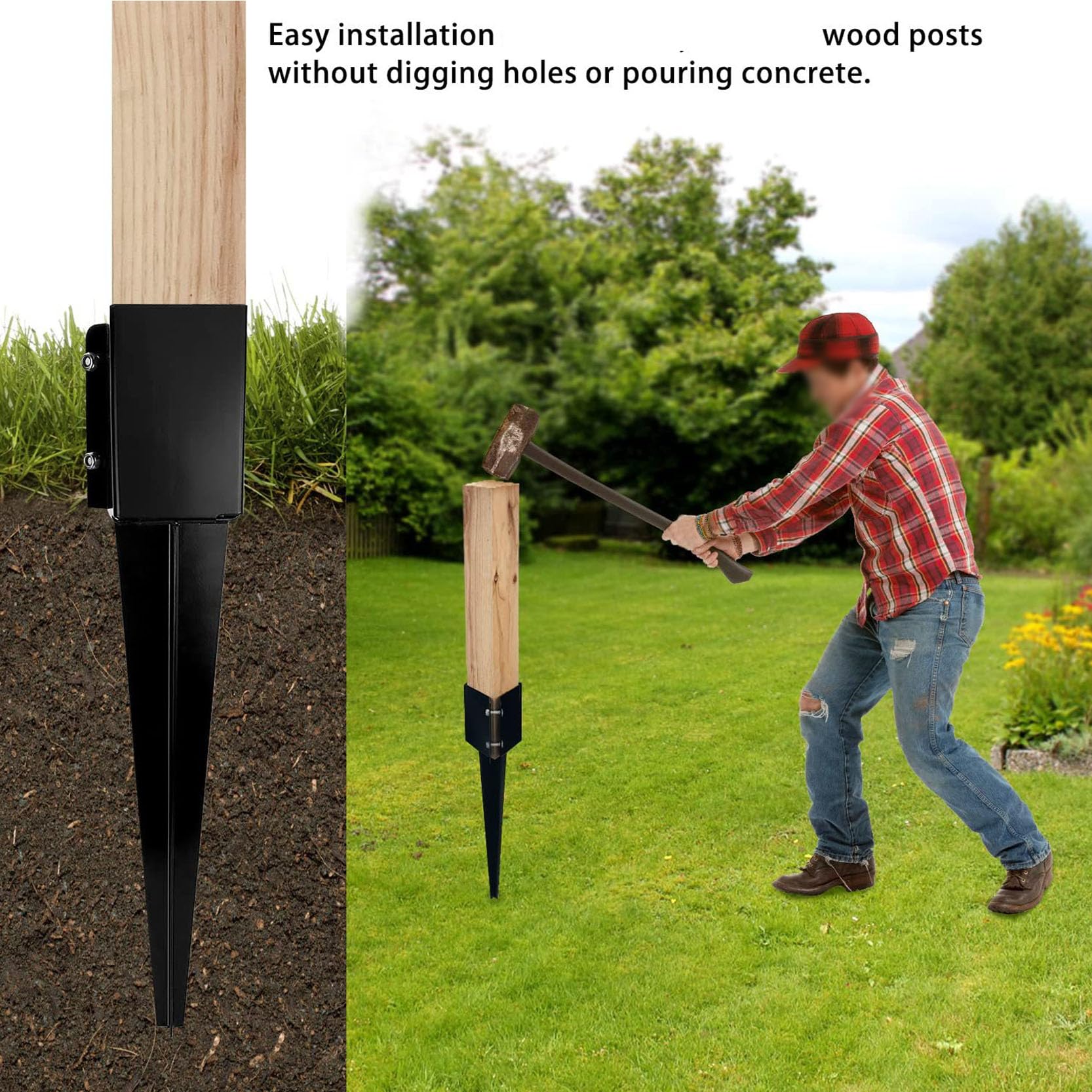4 Anclajes de Postes de 61 cm 24 Pulgadas Estacas de Anclaje de Postes de Cerca Base de Poste de Metal Resistente Kit de Reparación de Postes de Cerca con Recubrimiento