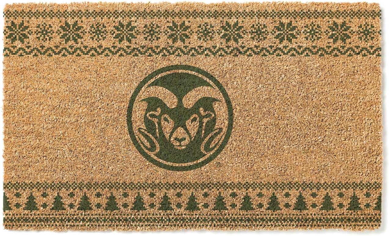 KH Sports Fan CSU Fort Collins Rams Holiday Coir Doormat, 18x30 Inches, Rams Outdoor Rug; Display Some Holiday Cheer with This Unique Colorado State-Ft. Collins Rams Doormat