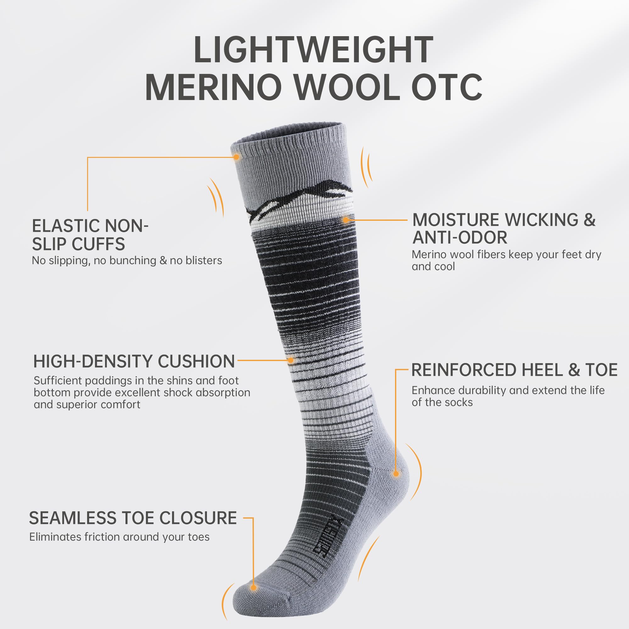 SAMSOX 2 paia di calzini da sci in lana merino, prodotti negli Stati Uniti, leggeri con cuscino mirato, calzini da sci per uomo e donna (Skyland)