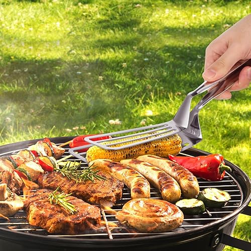 Miniatura 7 de Pinzas de espátula de acero inoxidable para cocinar agarre de pescado práctico clip de pizza ranurado doble espátula parrilla pinzas de metal s para