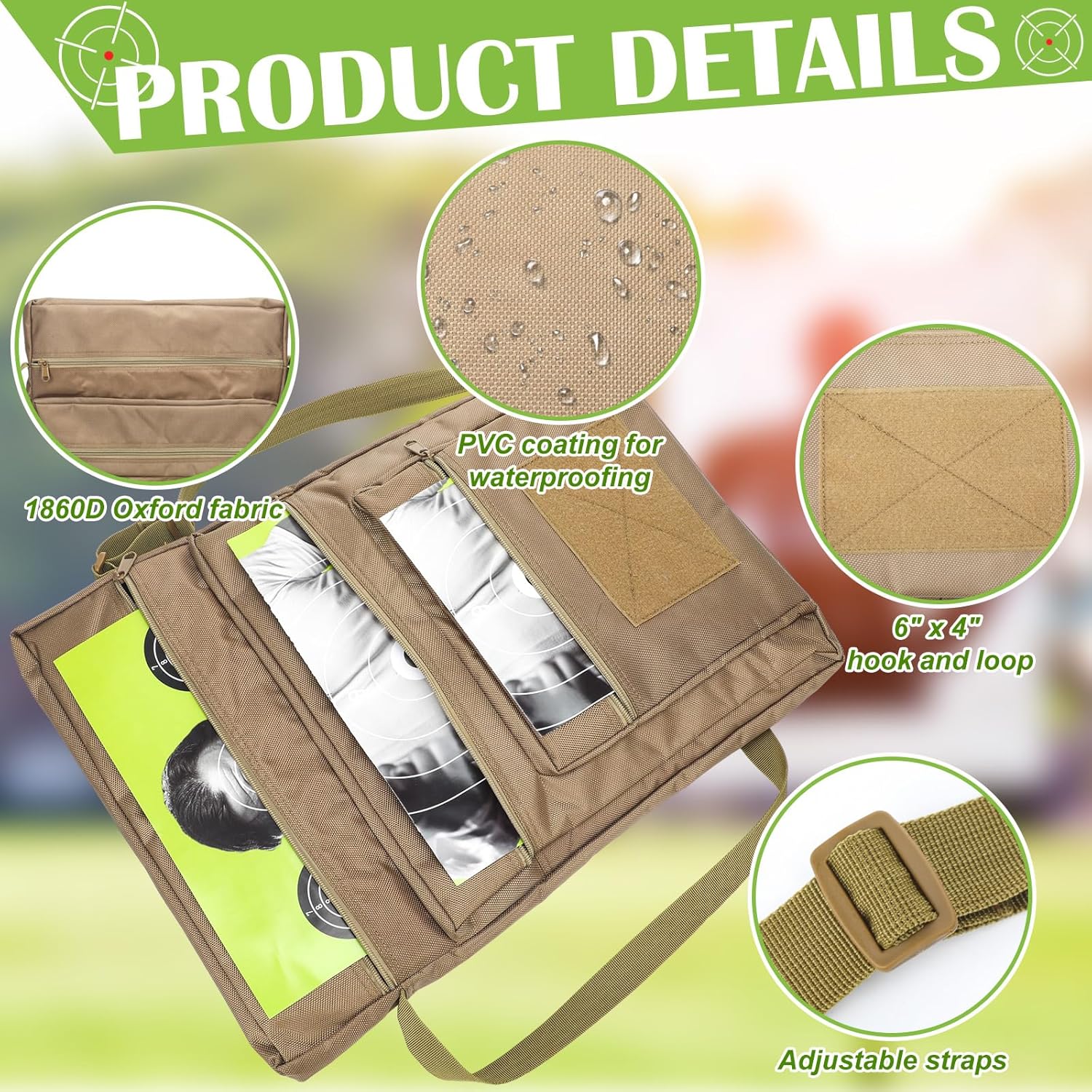 Gun Range Target Carry Case for Shooting Range Bag with 3 Zipper Pockets Front Waterproof Accessory Pouch for Shooting Convenient Carrying