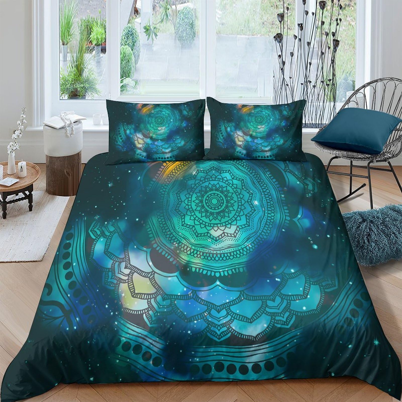 TUFRTGYHN 3D Printed Turquoise Mandala Duvet Cover Microfiber Soft Breathable Deep Galaxy Bedding Set with 2 Pillowcases for Bedroom Decor Single（135x200cm）