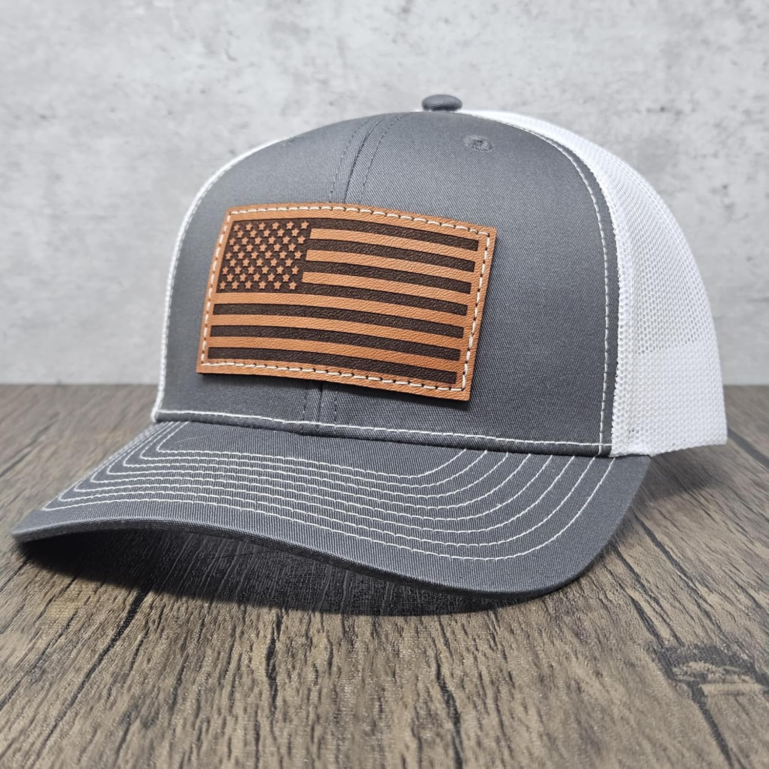 Extreme Force American Flag Trucker Hat, Richardson 112 Baseball Cap, Leather Patch, 6-Panel, Mesh Back, Adjustable Snapback
