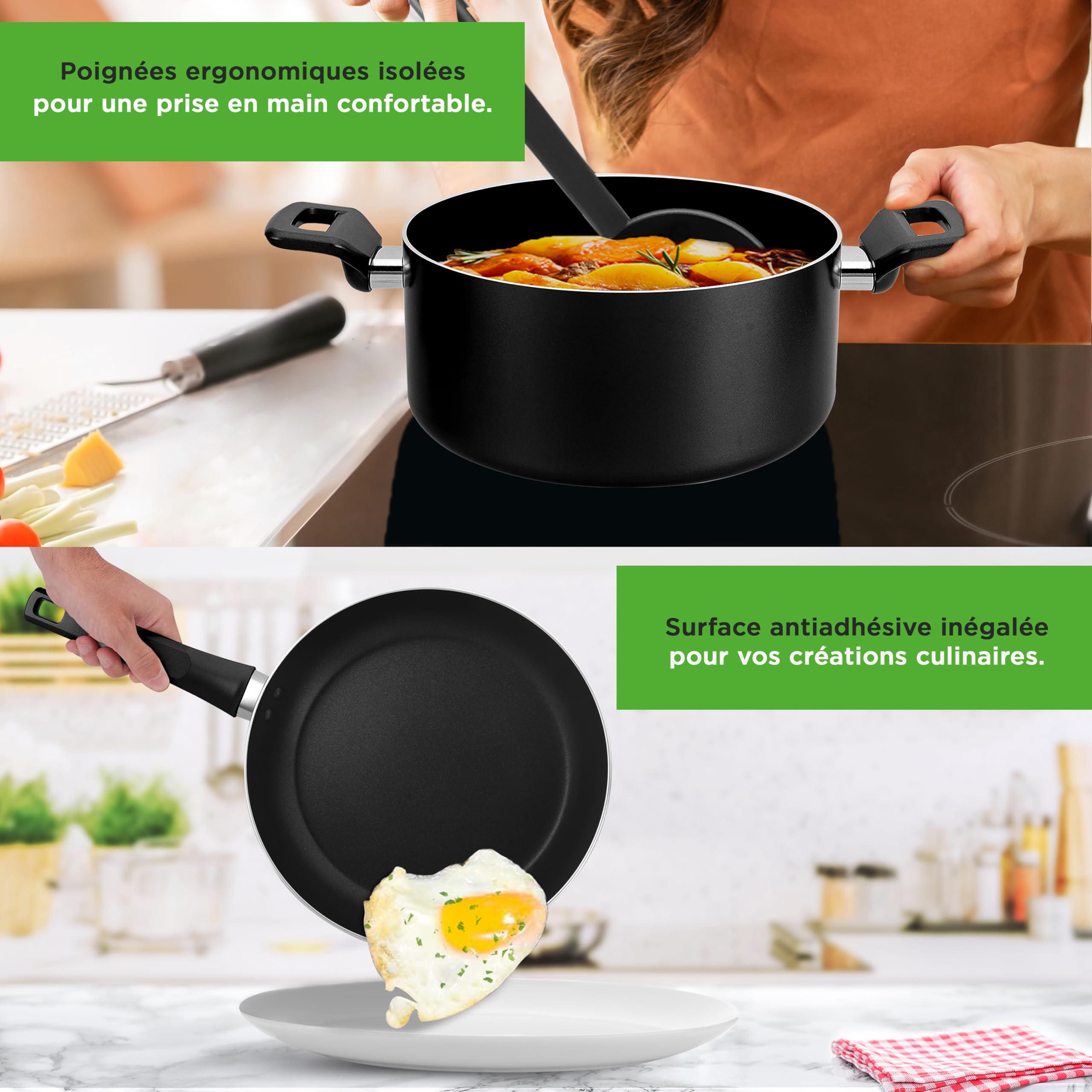 Nutrichef Ensemble de Batterie de Cuisine Antiadhésive, Ensemble d’ Ustensils de Cuisine, Avec Casserole a Sauce, Poêles, Marmites,Casserole, Couvercles, Louche, Fourchette, Passoire