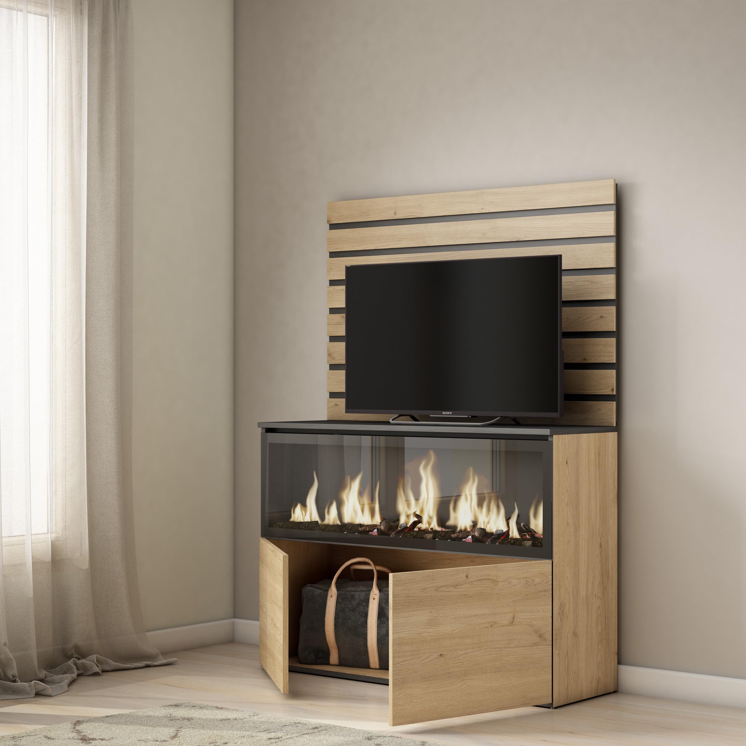 Skraut Home | Aparador | con Almacenamiento | 107x145x35 cm | Dormitorio, habitación | Chimenea eléctrica XXL | Estilo Moderno | Roble