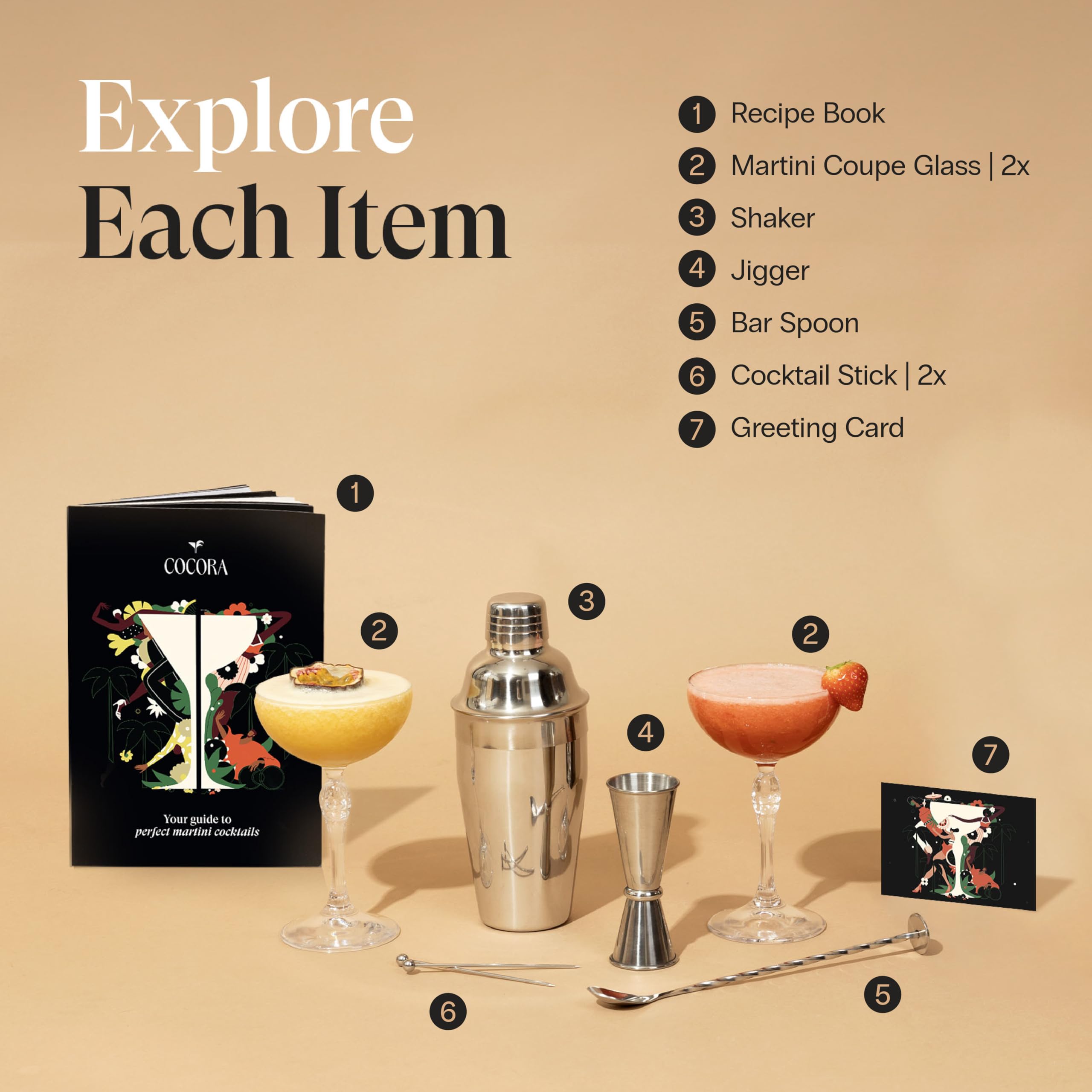 Cocora Martini Cocktail Set Regalo | Set Barman da 8 Pezzi | Kit Cocktail | Shaker Cocktail | Dosatore Cocktail | Bicchieri Cocktail | Cucchiaio Cocktail | Idea Regalo | Eco Friendly (Rose)