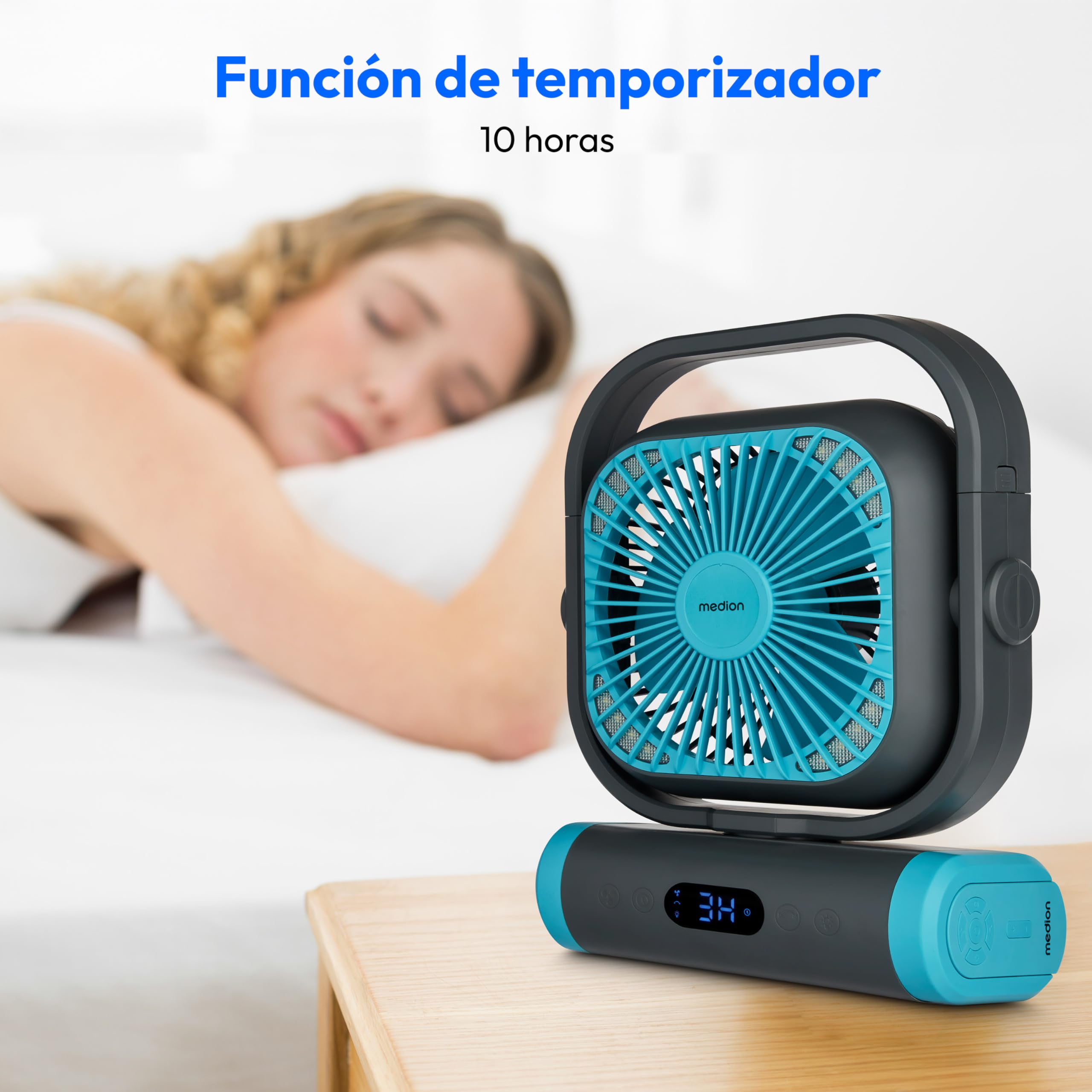 MEDION Ventilador E10 TF (batería, mini ventilador USB pequeño con luz, mando a distancia, 5 niveles, oscilación, gancho para colgar, función powerbank, ideal para oficina camping tienda), verde