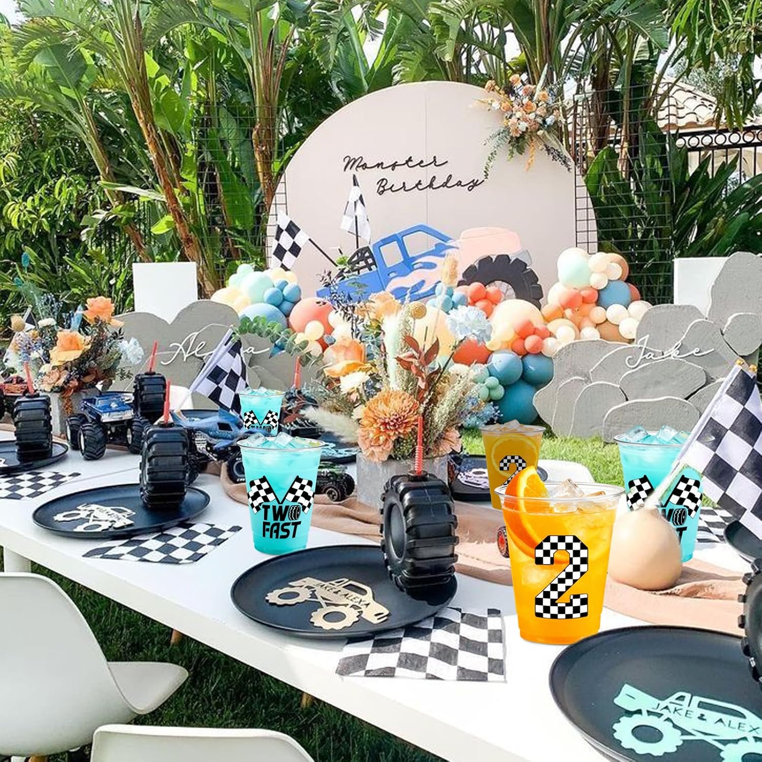 50pcs Two Fast Birthday Decor Plastic Cups, 12 Oz Disposable Party Cups for 2 Fast 2 Curious Birthday Decorations, Race Car Cups for Two Bday Decorations Boy