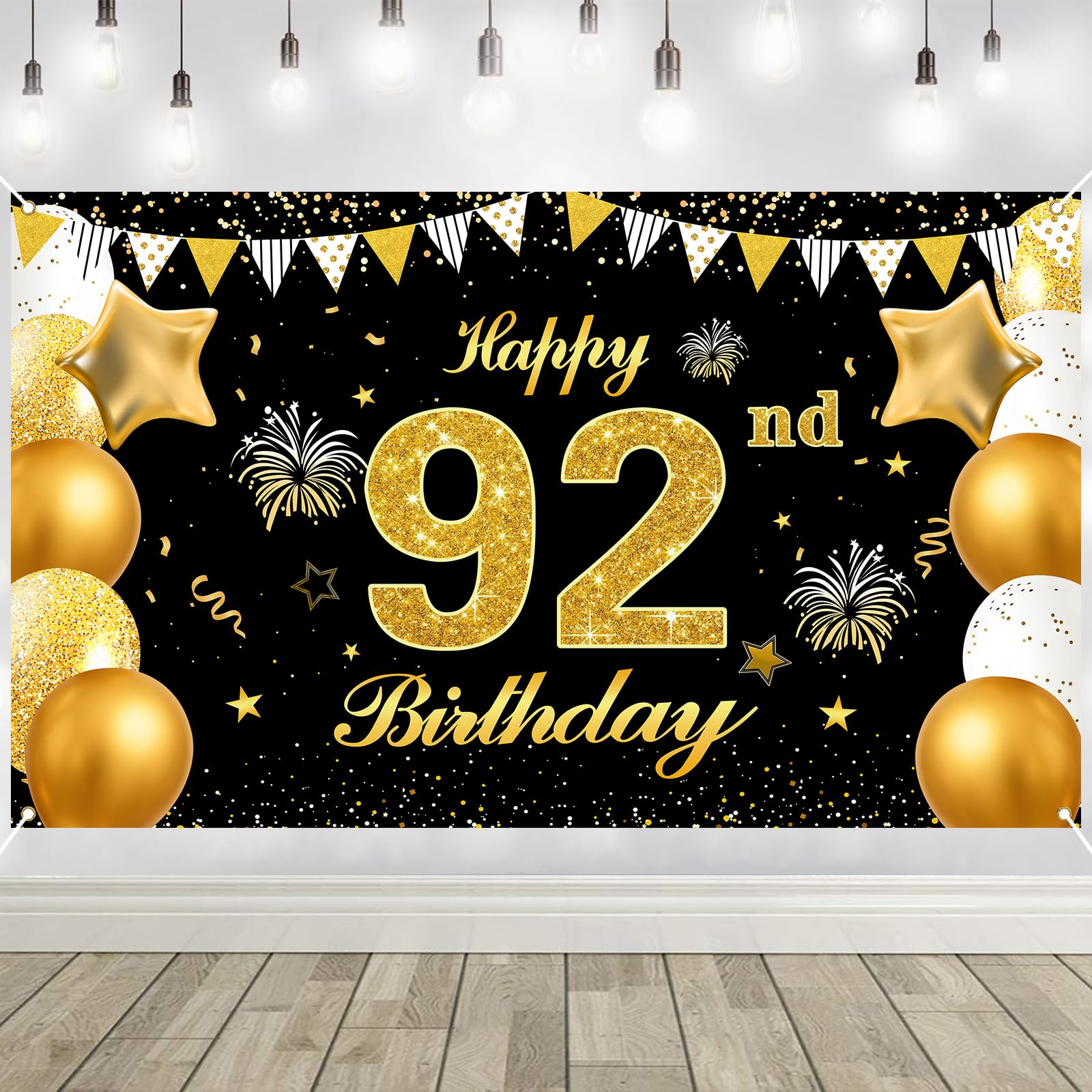 92nd Birthday Decorations Banner Gold Black Happy Birthday Door Banner for Party Photo Backdrop for Men Women Home Outdoor Cover Party Decoration Supplies Poster