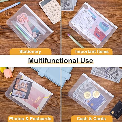 Miniatura 6 de Antner 50 bolsillos A5 para carpeta de 6 agujeros, sobres de relleno de dinero para organizador de dinero, carpetas blancas con cremallera,