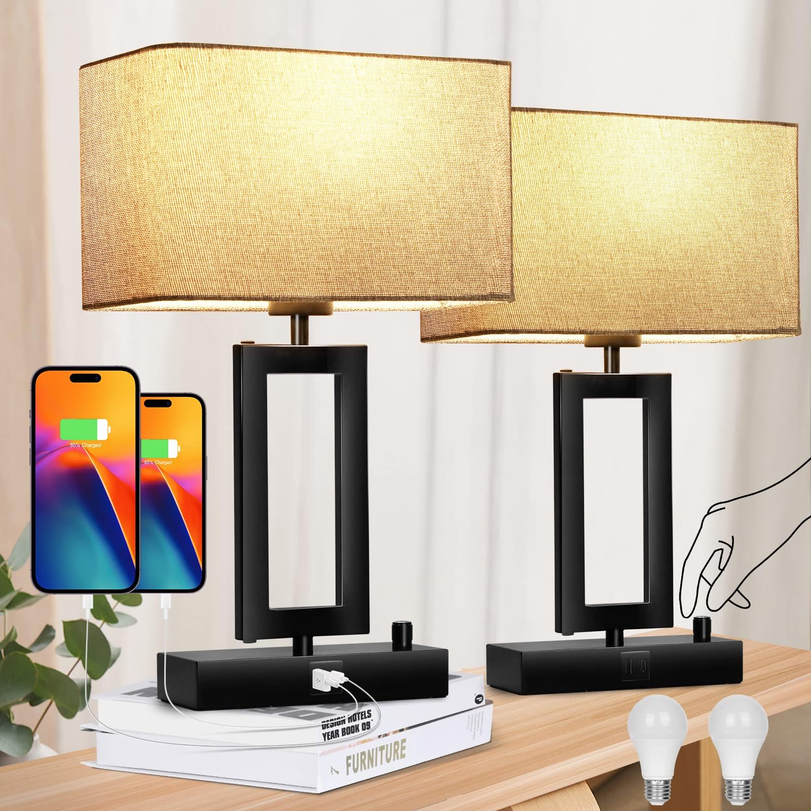 JHY Design Set of 2 Led Bedside Table Lamp Battery Powered 17 cm H ...