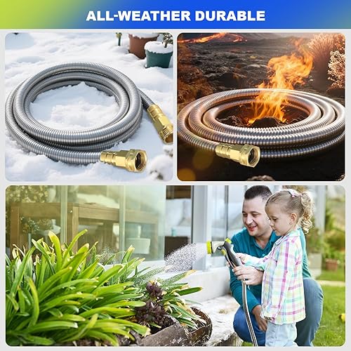Miniatura 6 de Manguera de jardín corta de metal de 15 pies  Manguera de agua de acero inoxidable 304 con conexión de latón de 34 pulgadas, mangueras de jardín