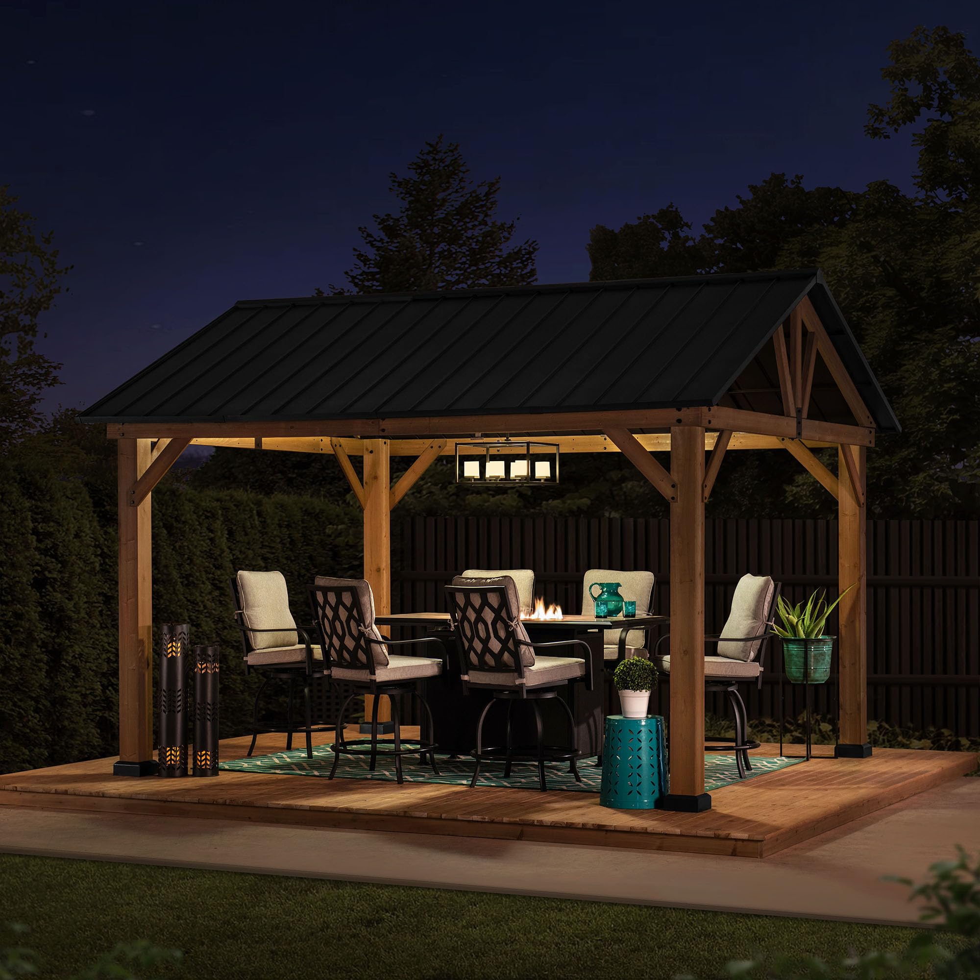 SUNJOY Altana drewniana 4×3,3 m z litego cedru, wodoodporny stalowy dach dwuspadowy, słupy 14 cm, odporna na wiatr i śnieg, ciężka konstrukcja, stały pawilon ogrodowy na taras i ogród