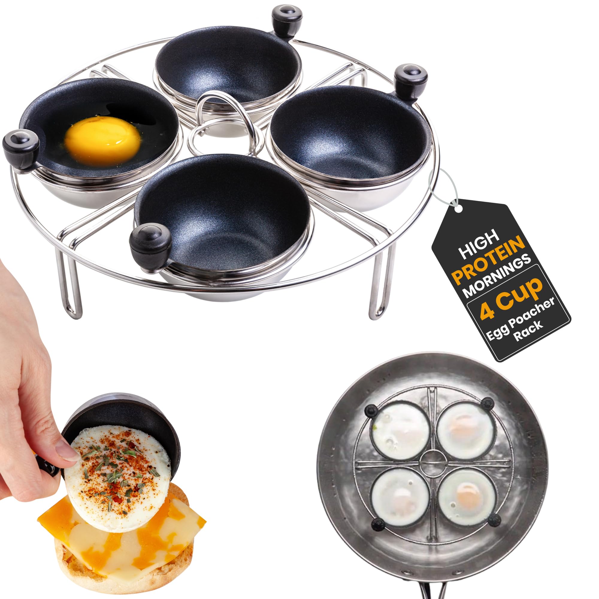 Eggssentials Stainless Steel Egg Poacher Pan Insert | 4 Poached Egg Cups PFOA Free Nonstick | 7.25 inch Rack Compatible with Skillet Instant Pot Pressure Cooker | Hard Boiled and Poached Egg Maker …