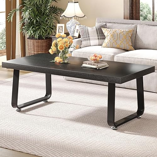 HSH Mesa auxiliar negra, mesa central de madera industrial y patas de metal, mesa de cóctel rectangular moderna y minimalista para sala de estar,