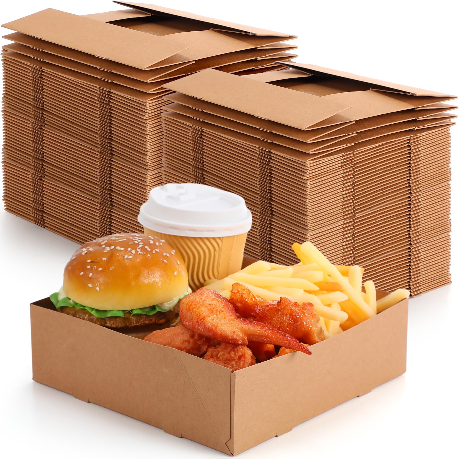 Chinco 100 Pcs 7.9 x 7.9 x 2.4 Inch 4 Corner Pop Food Tray Kraft Paperboard Disposable Foldable Cardboard Food and Drink Stadium Tray Food Containers