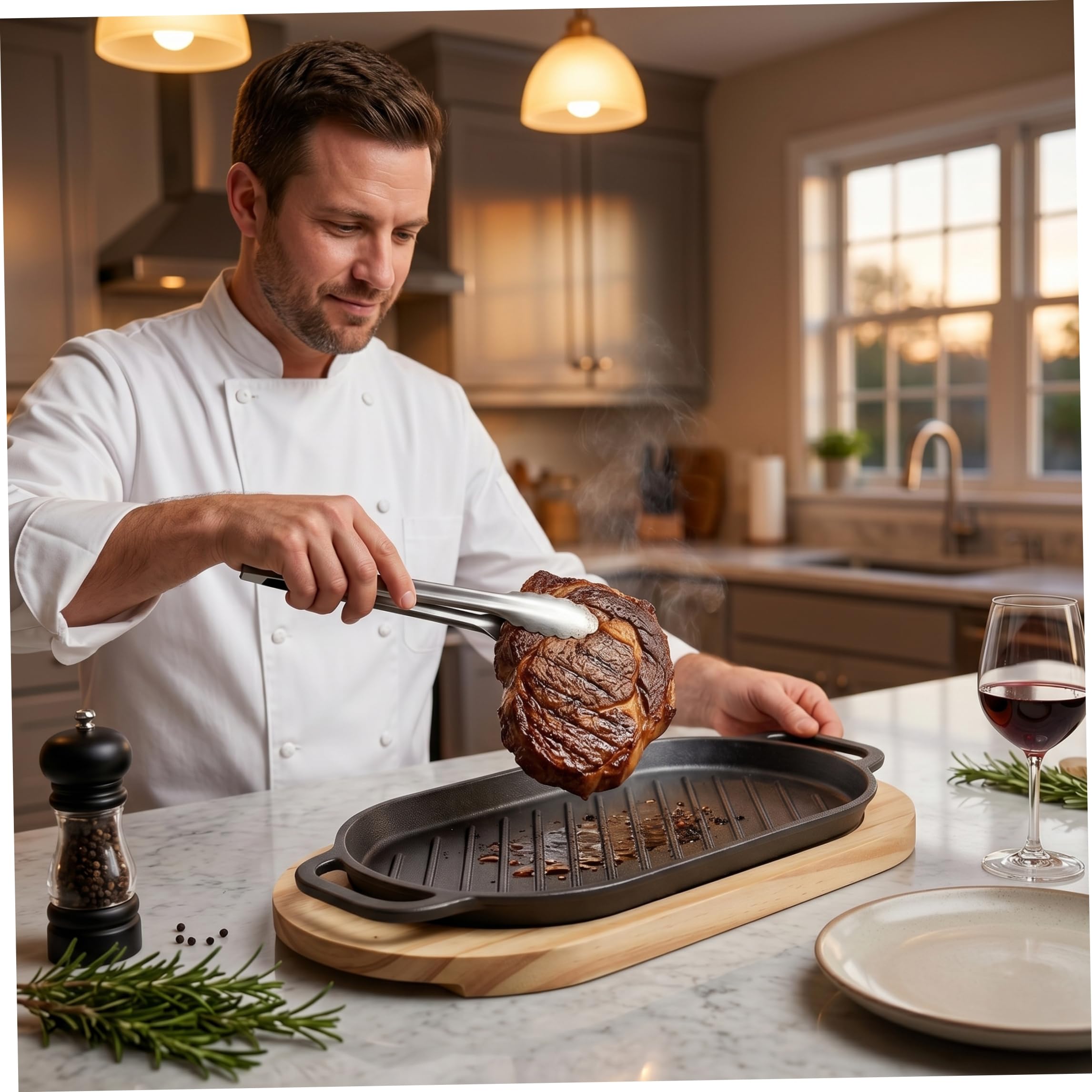 Plaque grésillante avec base en bois, plaque chauffante en fonte pour cuisinière à gaz, idéale pour les barbecues à la maison et l'ext..