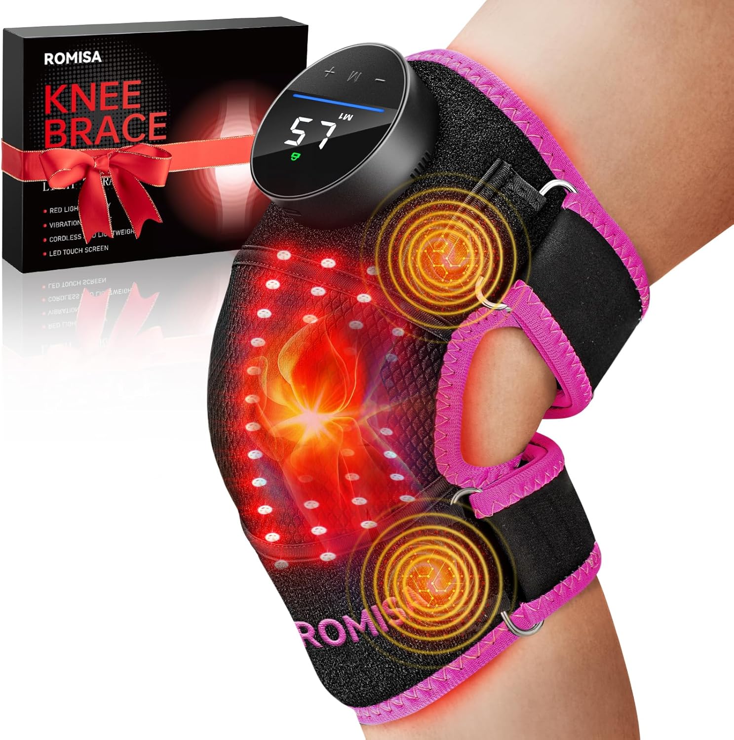 Red Light Therapy Knee Brace with Heated Vibration, Cordless Knee Massage, Rechargeable 660nm & 850nm Near Infrared Light Therapy Device for Knee/Elbow/Shoulder, Pink.