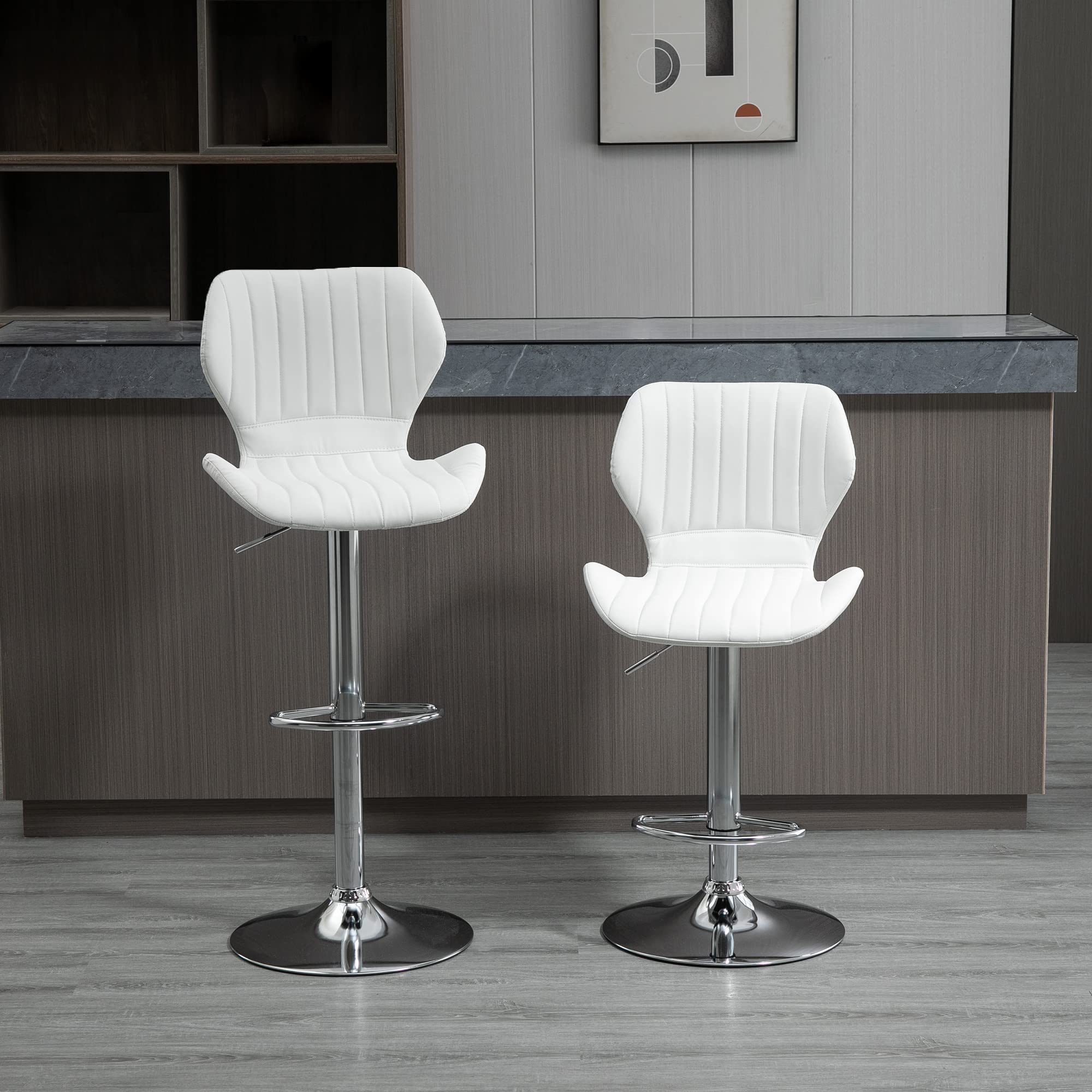 HOMCOM 2 Taburetes Altos de Cocina Giratorio 47x51,5x92-114 cm Blanco | Taburetes Altos de Cuero Sintético, con Respaldo, Estructura de Metal