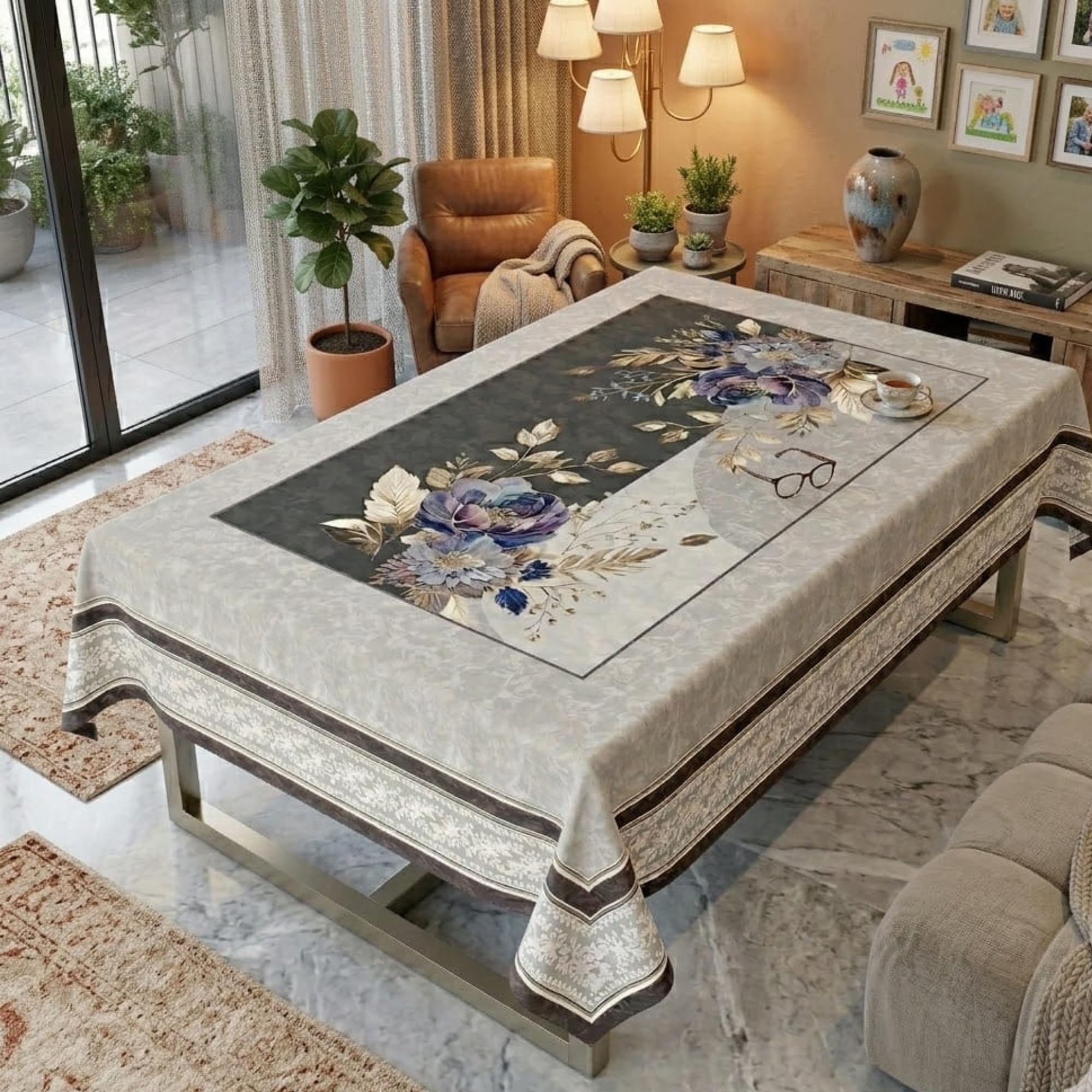Tarantaran Silver Grey Flower Design Table Cover | Decorative Center Table Cloth for Living Room-image-38