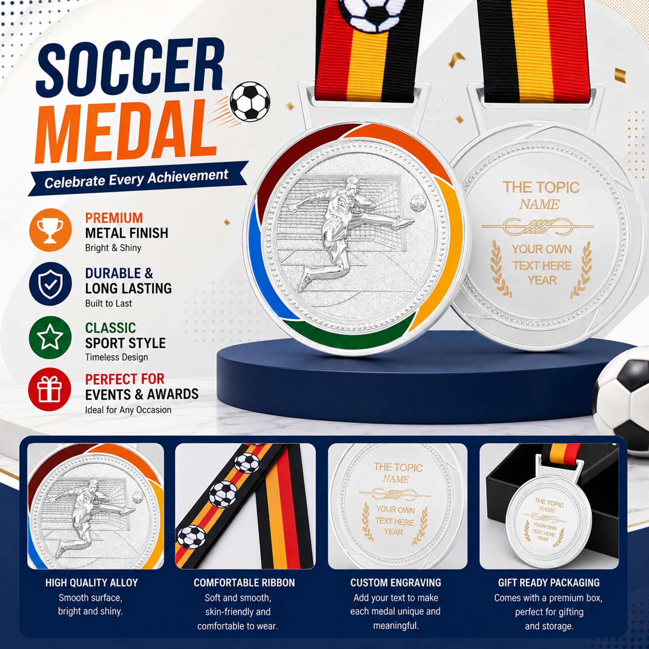 Uloveido Individuelle Fußballmedaille mit Deutschland Flaggenband, 3D Fußballspieler Design, Gravur oder QR-Code Rückseite, Schulsportturnier YA6969