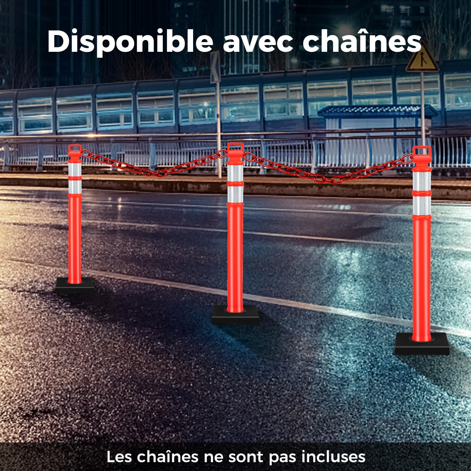 COSTWAY Poteau de Signalisation 3 Pcs Base en Caoutchouc 114,5 CM, Barrière de Sécurité Rouge Vif