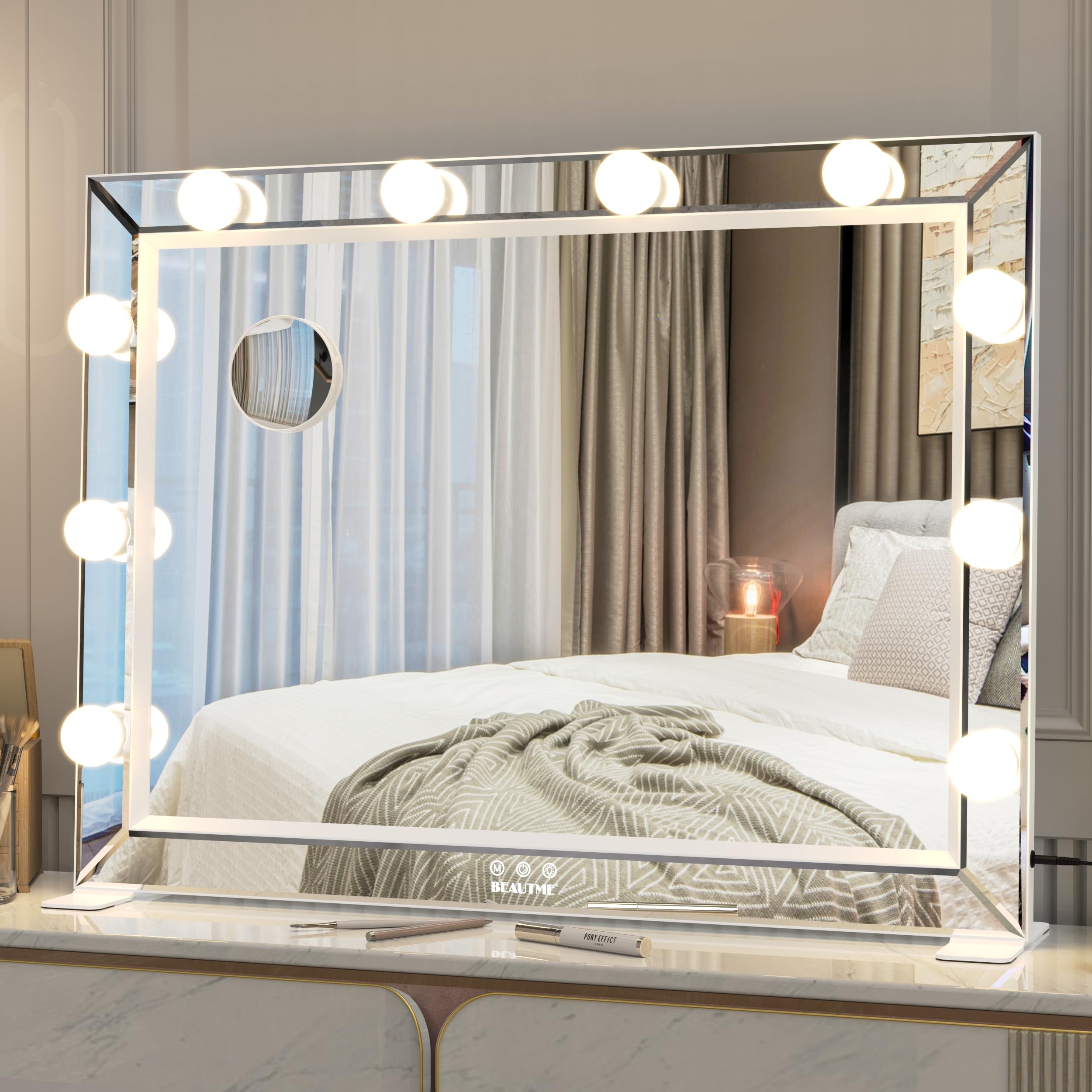 ANYHI Espejo Maquillaje con Luz 80 x 61cm, Espejo Tocador con 10 Lámparas LED Regulables, Espejo Maquillaje Pared con Lupa 10X y 3 Modos de Luz, Espejo Hollywood de Mesa Grande (Blanco)