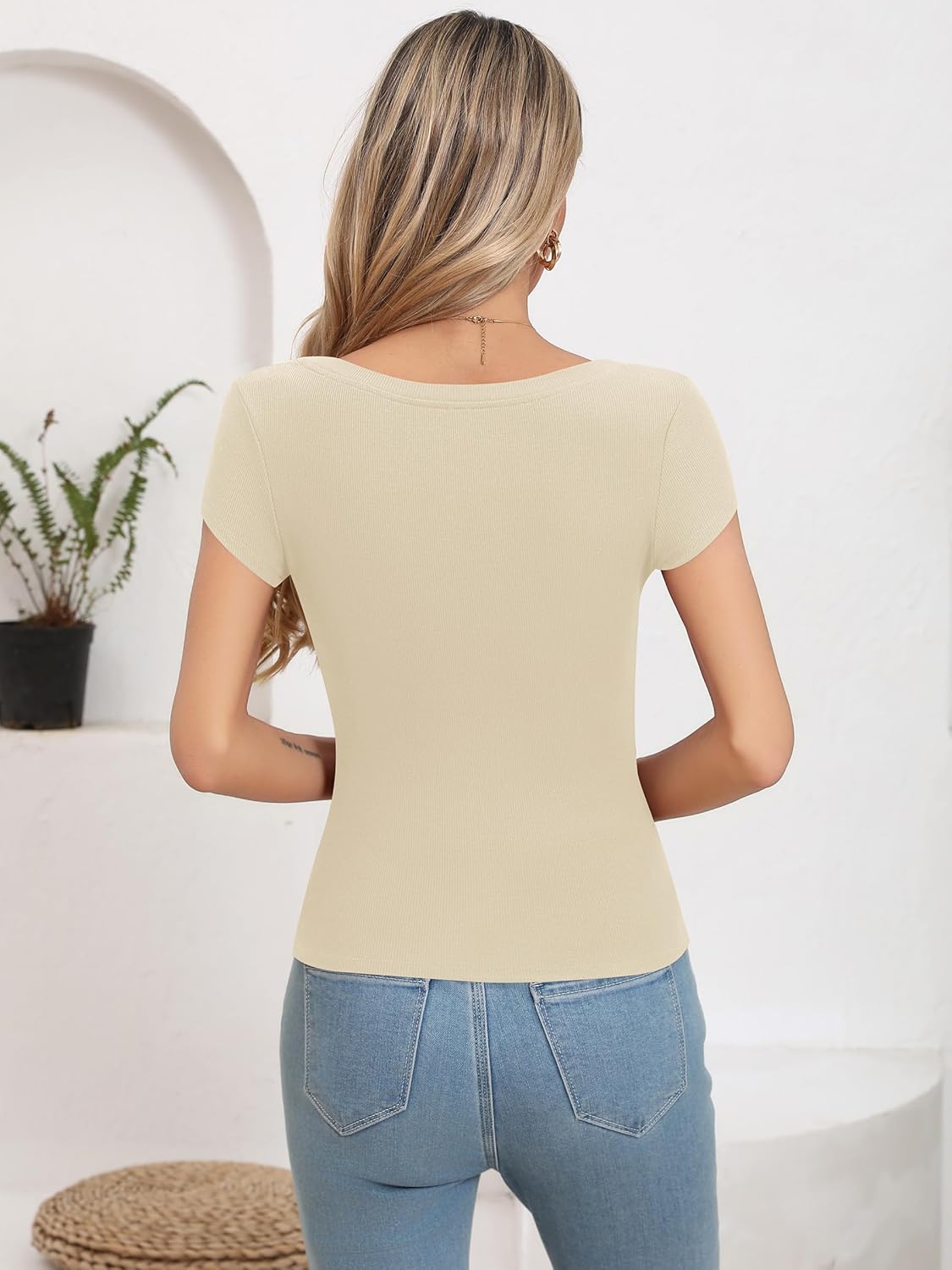 Missufe Women's Scoop Neck Short Sleeve Ribbed Knit Slim Fit Casual Basic T Shirt Crop Top 2025 Trendy Outfits - Image 5