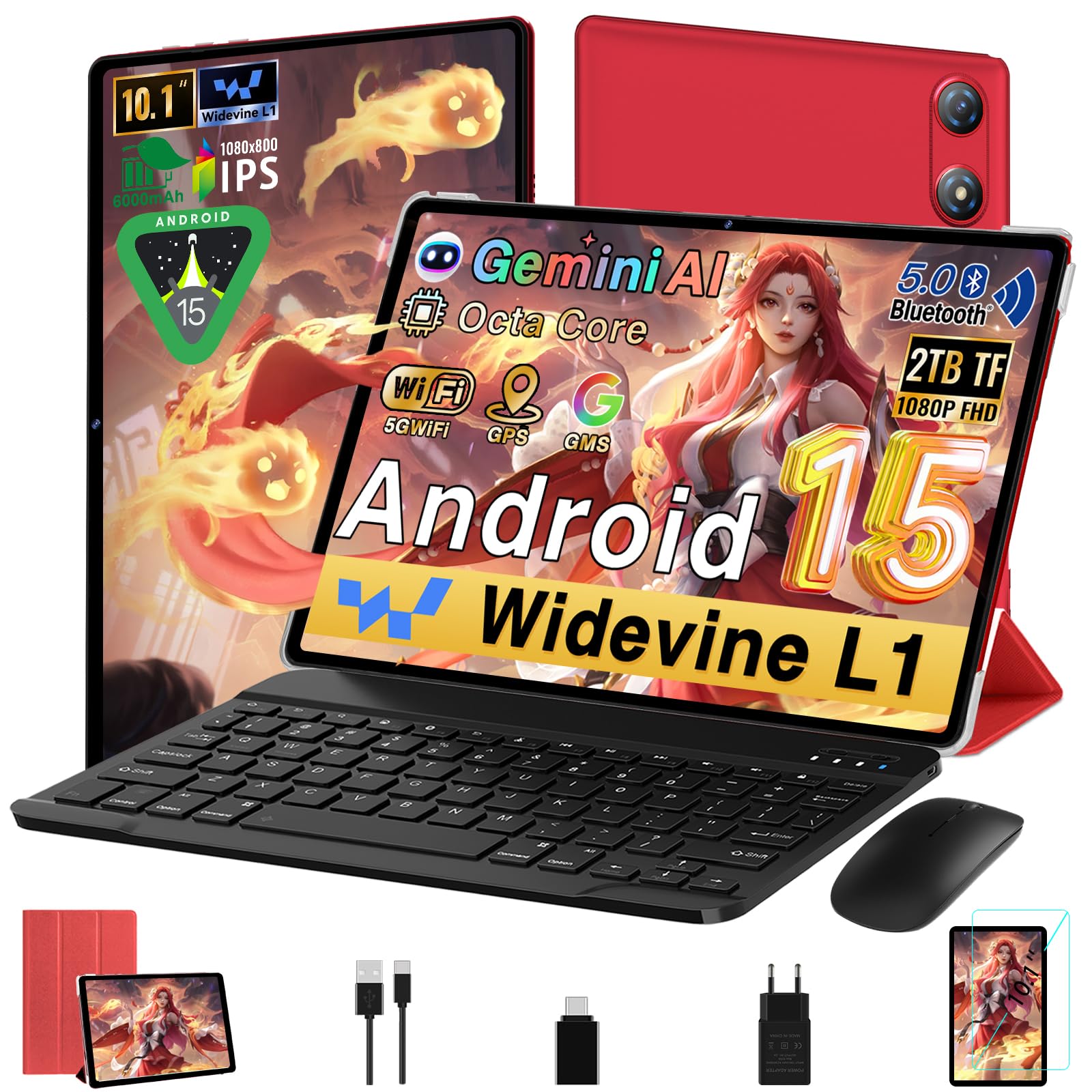 2025 Newest Tablet 10 Pollici Android 15 ｜30GB RAM + 64GB ROM ( TF/2TB )｜5G WiFi 6｜Octa-Core｜ 5MP + 8MP｜ GMS｜Bluetooth 5.0｜1280 * 800 FHD｜Doppia fotocamera ｜Tablet 2 in 1 con Tastiera e Mouse, Rosso